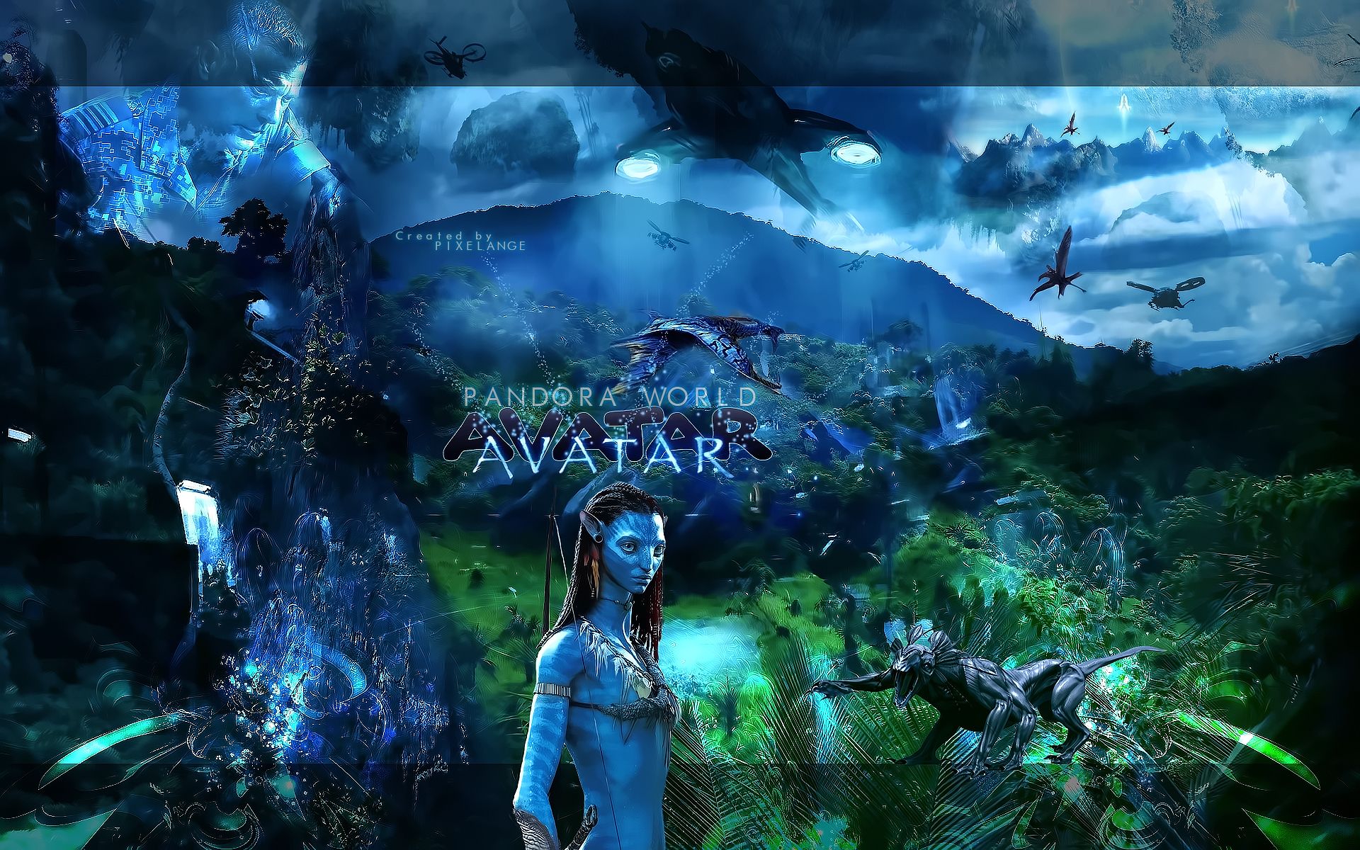 Pandora – The World of Avatar, Neytiri, Leuchtender Wald, Schwebende Berge, Collage, Full-HD-Hintergrundbild