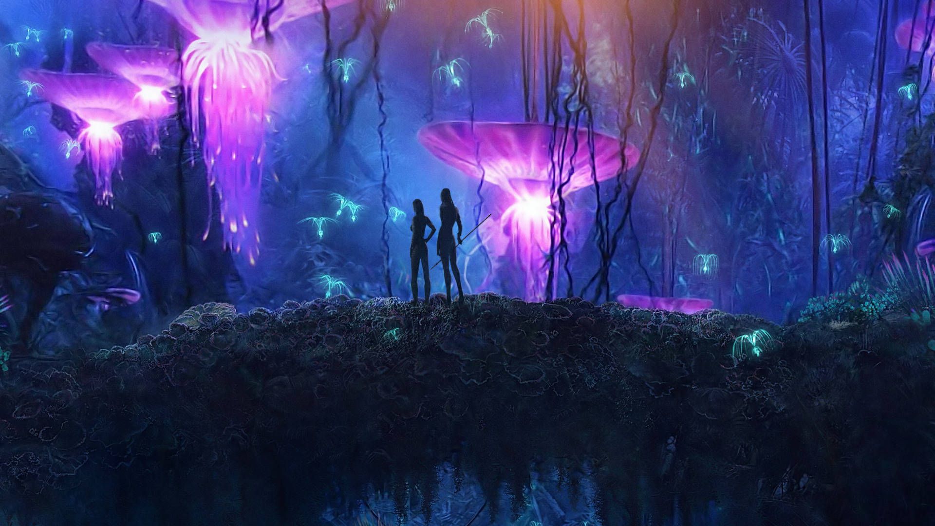 Pandora, Leuchtende Pflanzen, Silhouetten, Nacht, Biolumineszenz, Full HD, Laptop-Hintergrundbild
