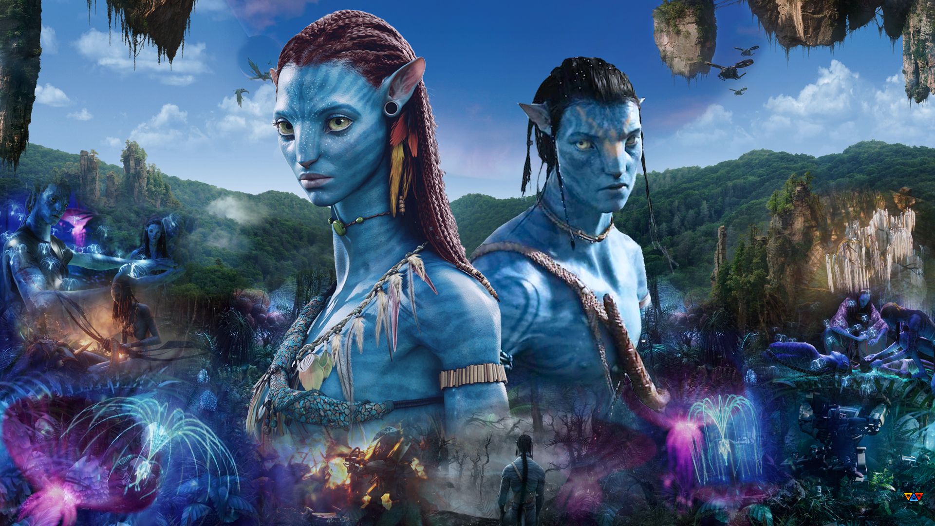 Neytiri, Jake Sully, Pandora, Leuchtende Pflanzen, Schwebende Berge, Full-HD-Hintergrundbild für PC