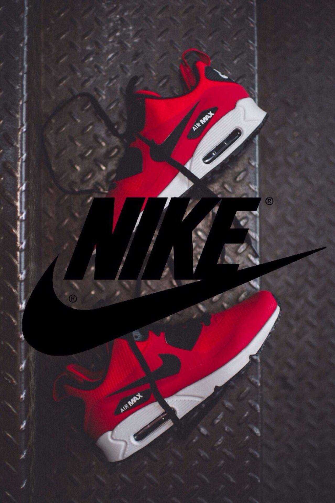 Nike, Logo, Rote Sneaker, Metallboden, Full HD, Hintergrundbild fürs Handy