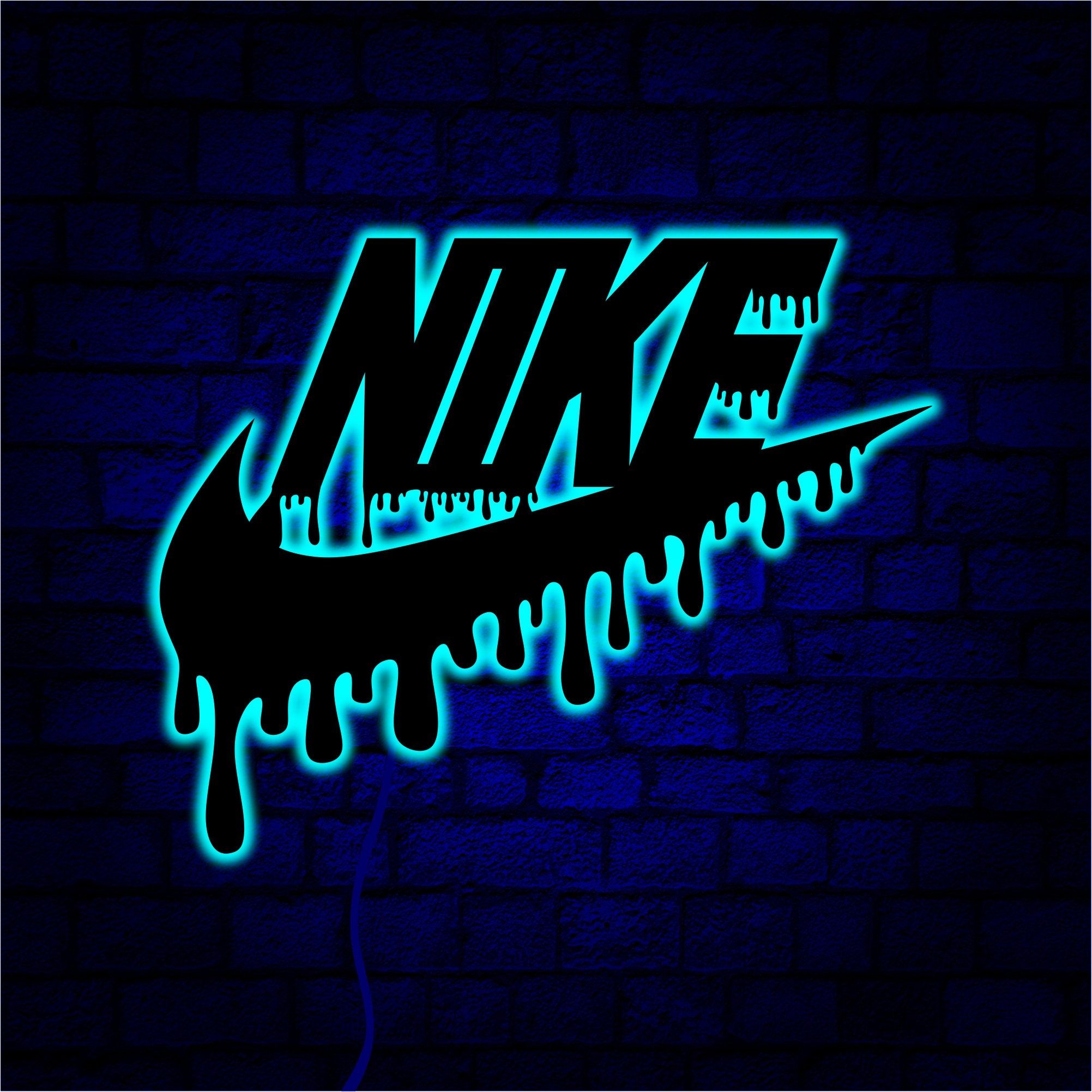 Nike, Logo, Neon, Tropfen, Backsteinwand, Türkis, Full HD, Hintergrundbild fürs Tablet