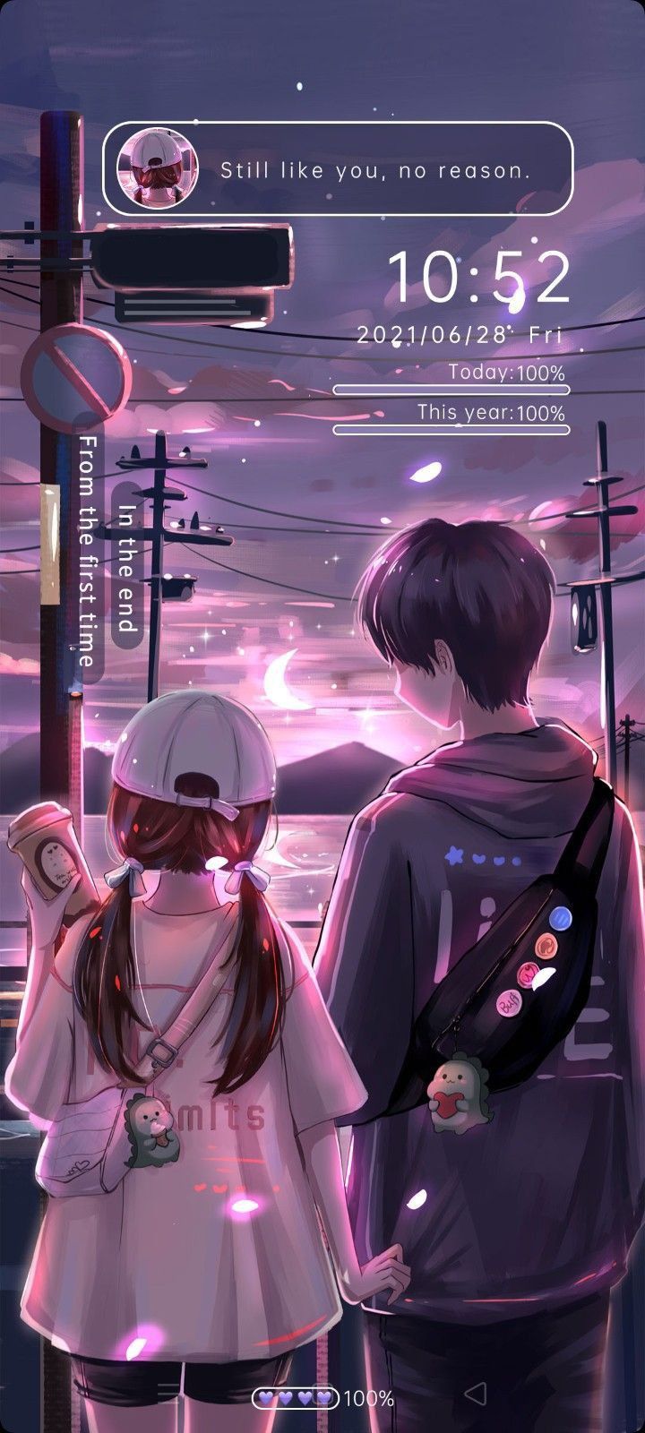Anime-Paar, Sperrbildschirm, Bahnübergang, Abendhimmel, Lila, Android-Hintergrundbild