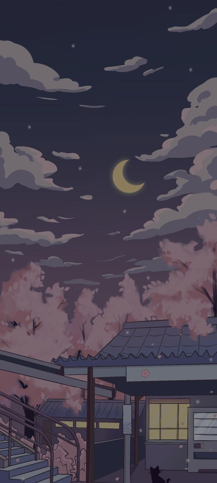 Anime-Landschaft, Mondsichel, Wolken, Nacht, Häuser, Hochformat, Hintergrundbild fürs Smartphone