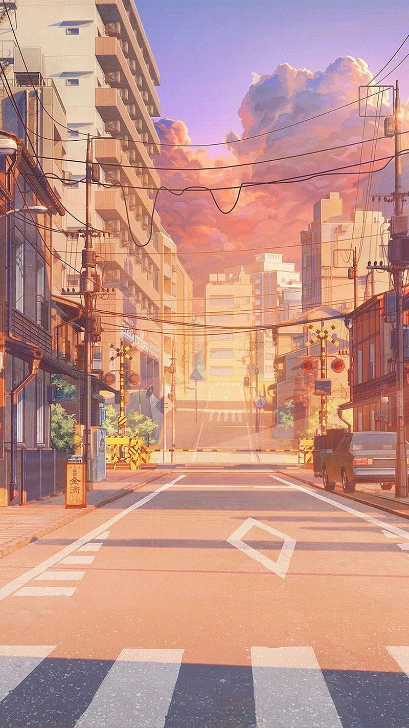 Anime-Stadt, Straße, Sonnenuntergang, Zebrastreifen, Pastell, Galaxy-S24-Hintergrundbild
