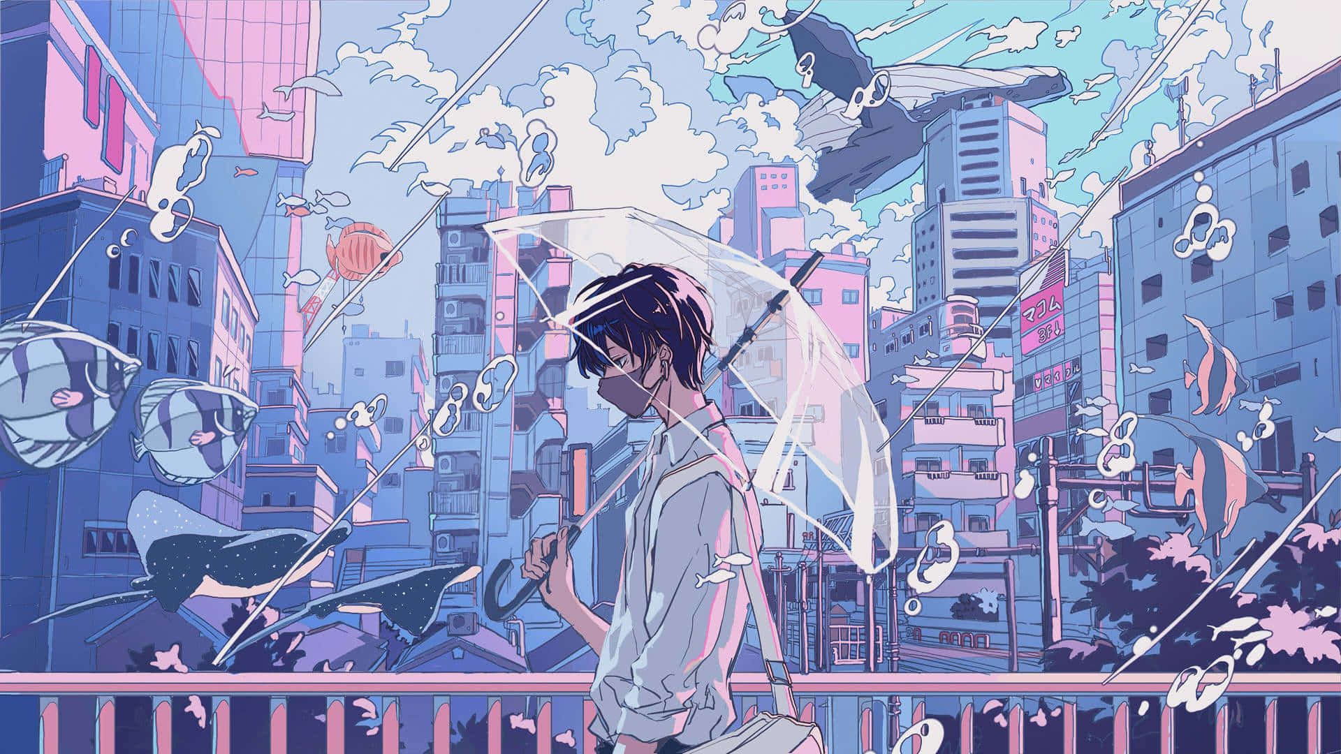 Anime-Junge, Regenschirm, Fische, Fantasie-Stadt, Pastellblau, Full HD, Windows-Hintergrundbild