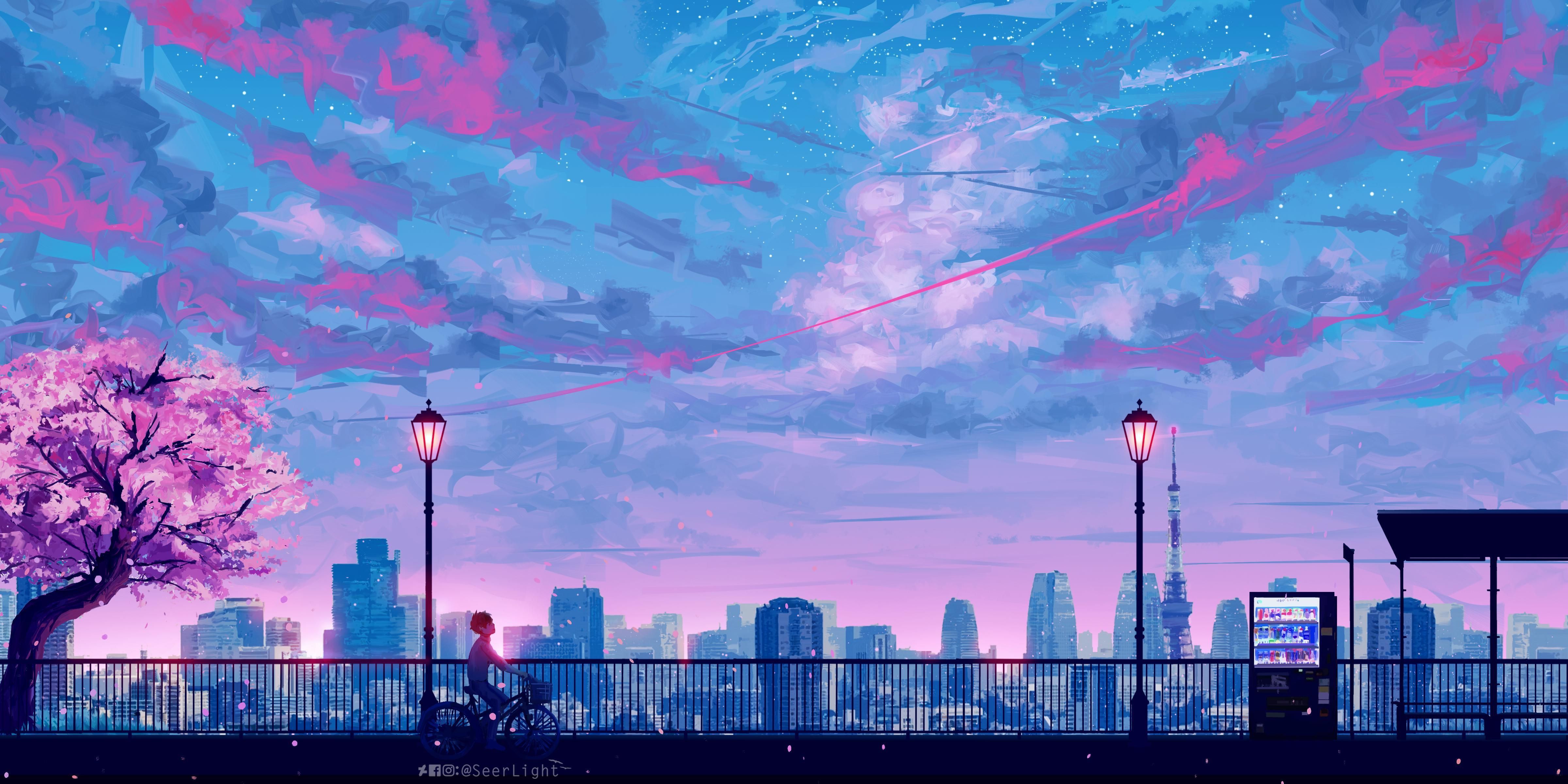 Anime-Landschaft, Skyline, Kirschblüten, Rosa Himmel, Promenade, 4K, Laptop-Hintergrundbild