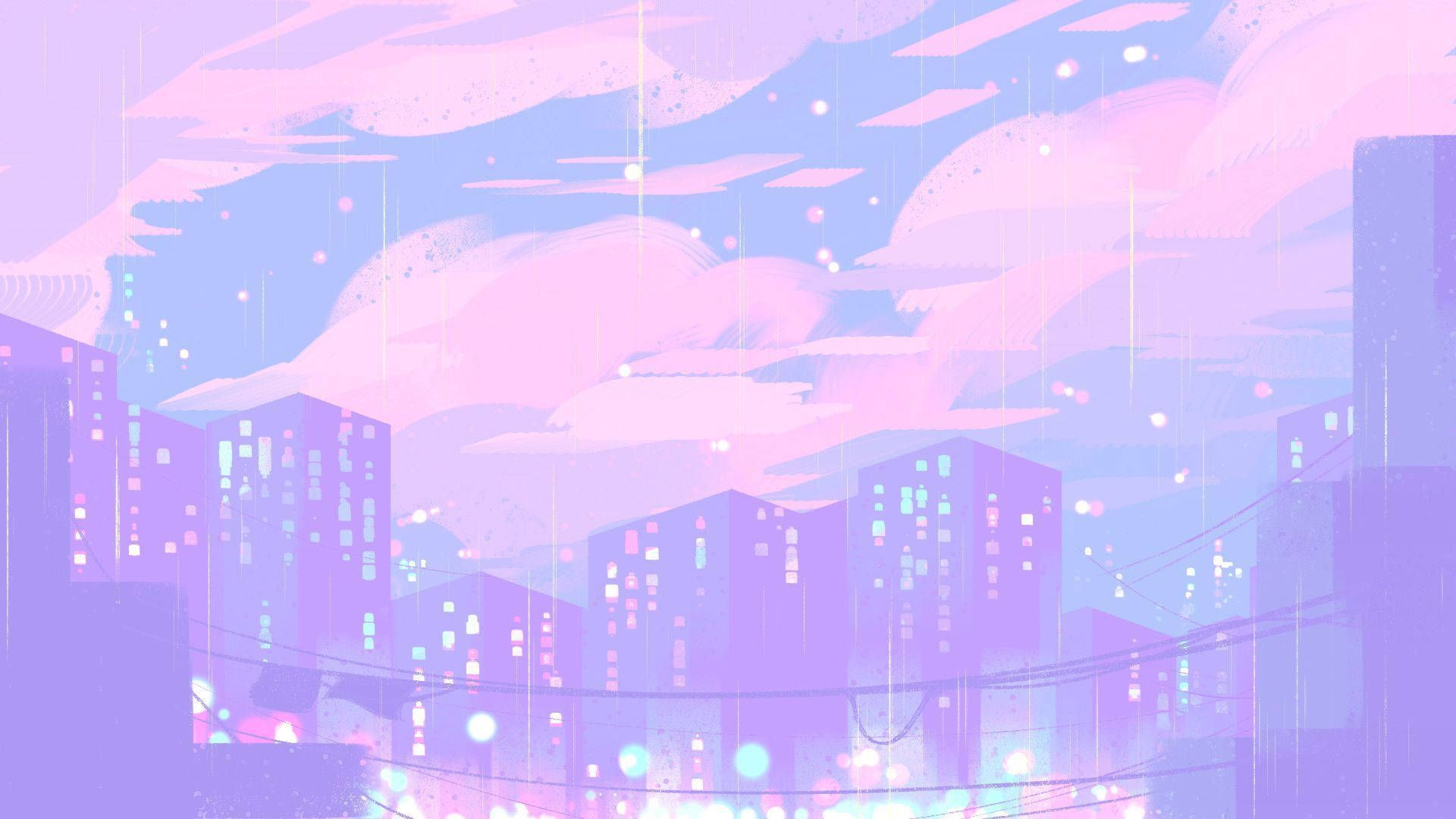 Anime-Stadt, Pastell, Rosa Wolken, Lila, Hochhäuser, Full HD, Desktop-Hintergrund für Windows