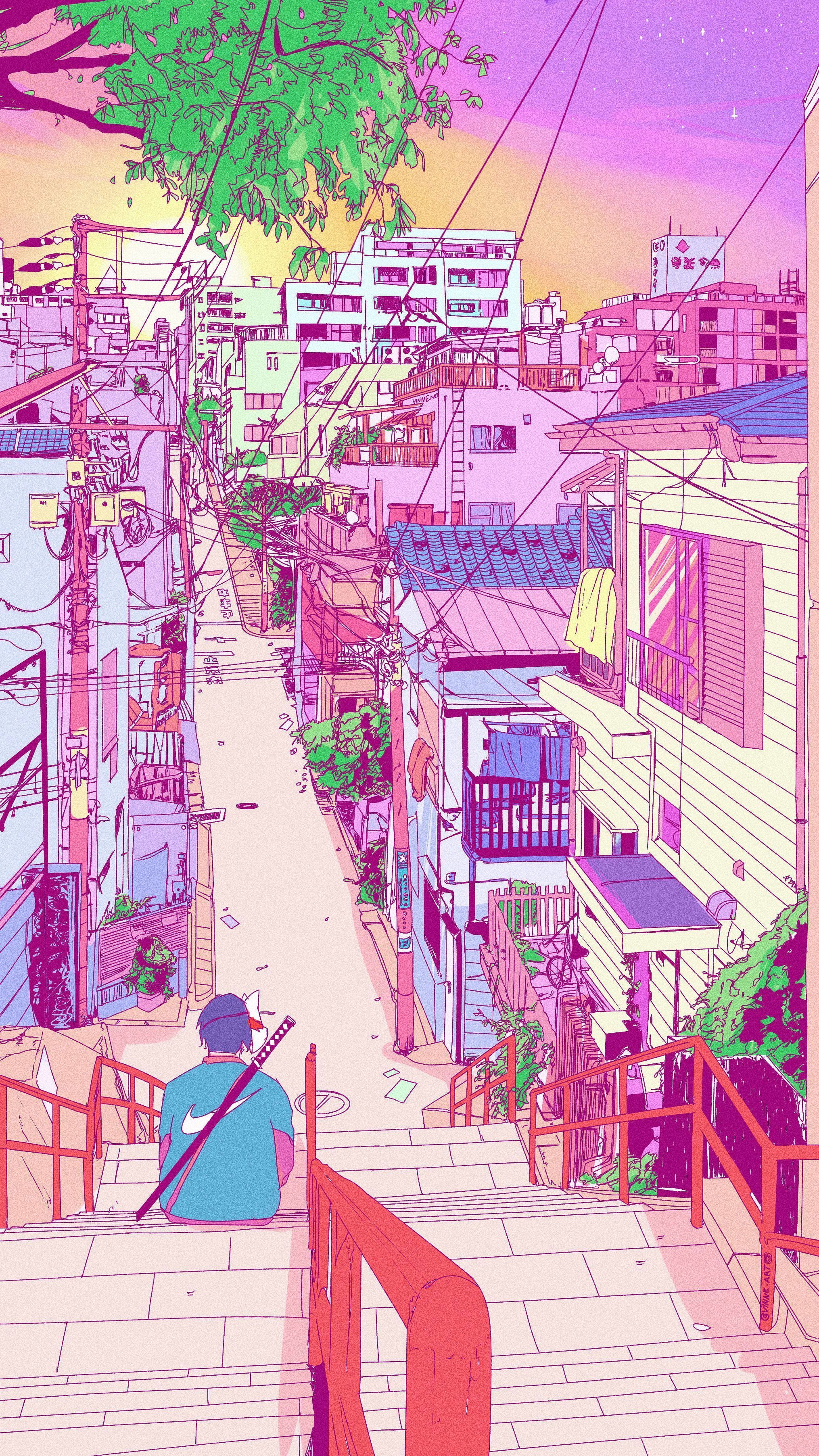 Anime-Straße, Treppe, Rosa, Stadt, Pastell, QHD+, Handy-Hintergrund im Hochformat
