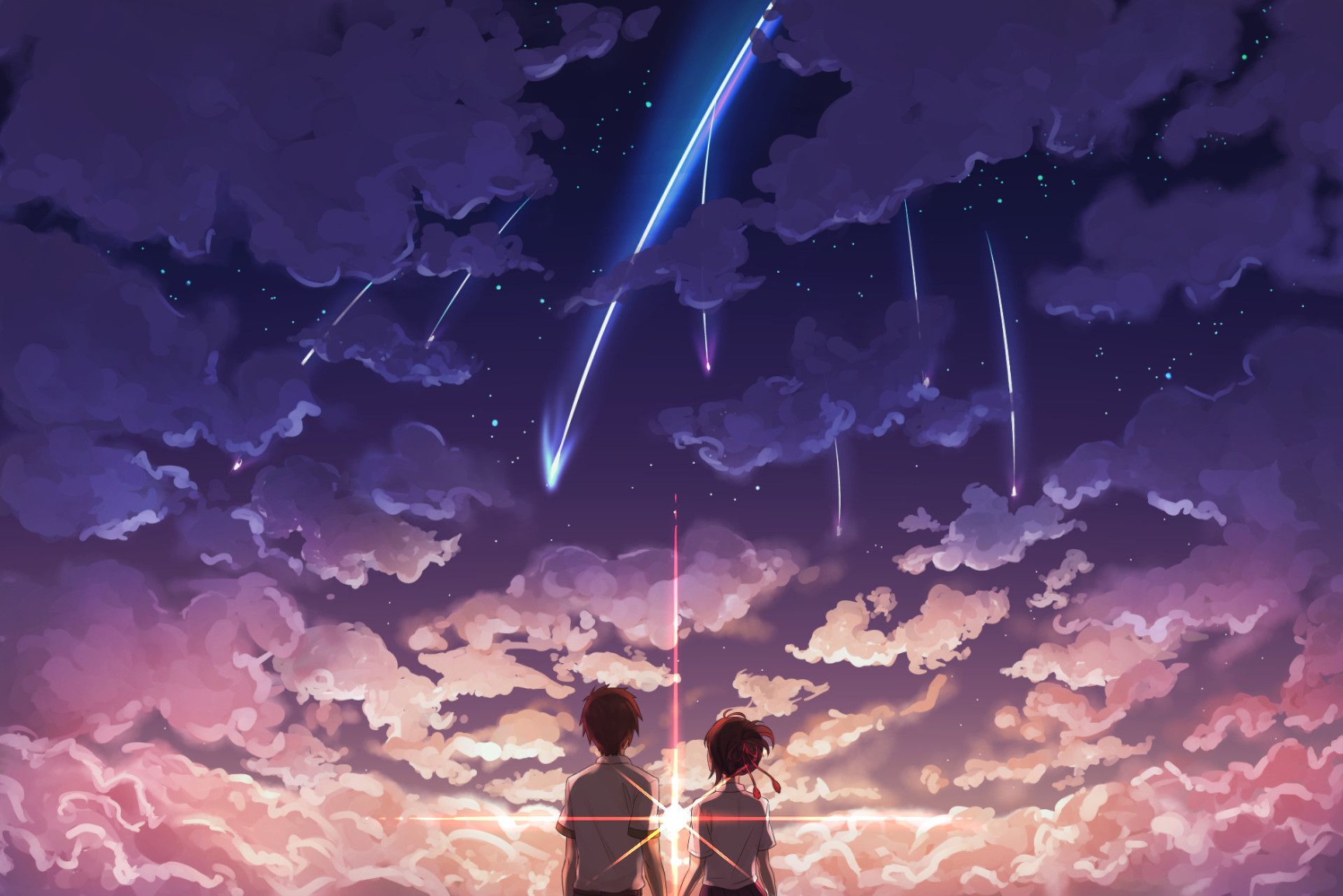 Your Name., Kimi no Na wa, Komet, Silhouetten, Wolkenmeer, Nachthimmel, Full HD, PC-Hintergrundbild