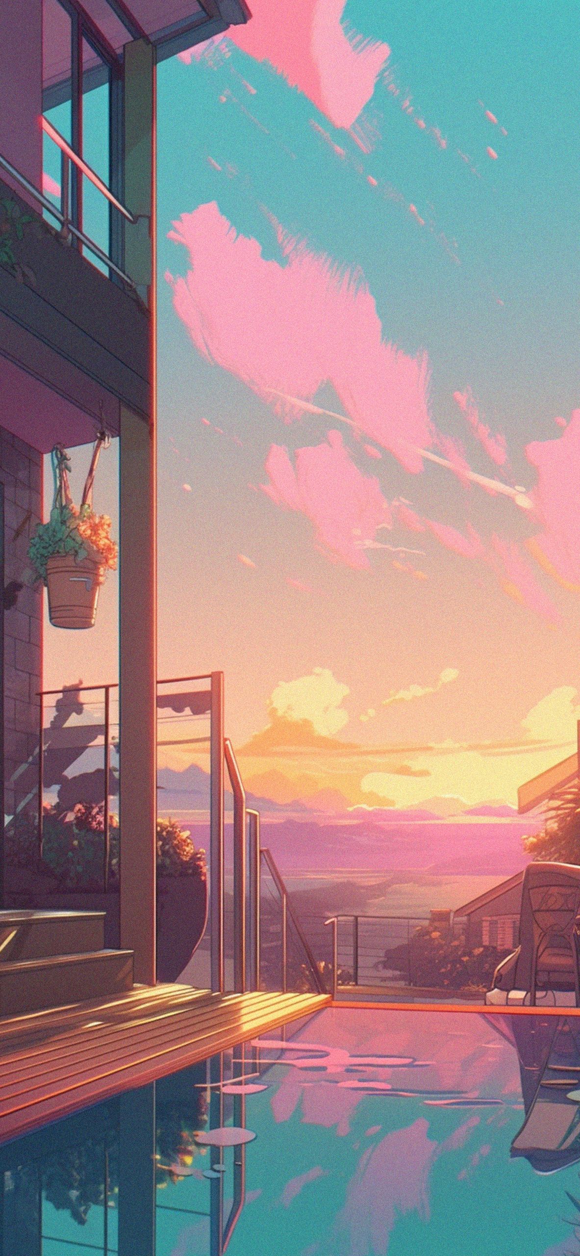 Anime-Stil, Balkon, Sonnenuntergang, Fluss, Pastellfarben, Full HD, Handy-Hintergrundbild