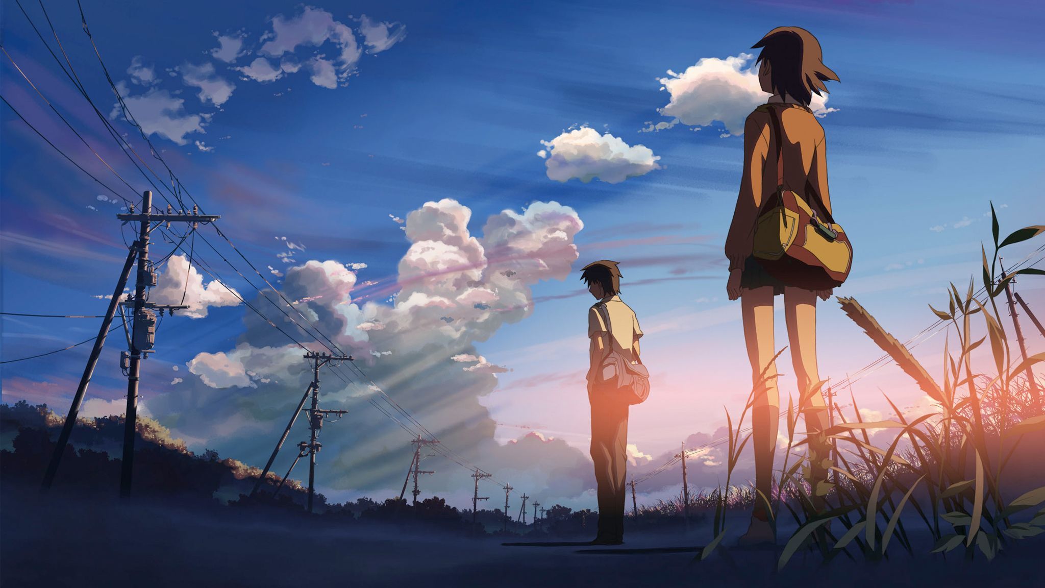 5 Centimeters per Second, Makoto Shinkai, Anime-Mädchen, Wolken, Strommasten, Abend, Full-HD-Hintergrund