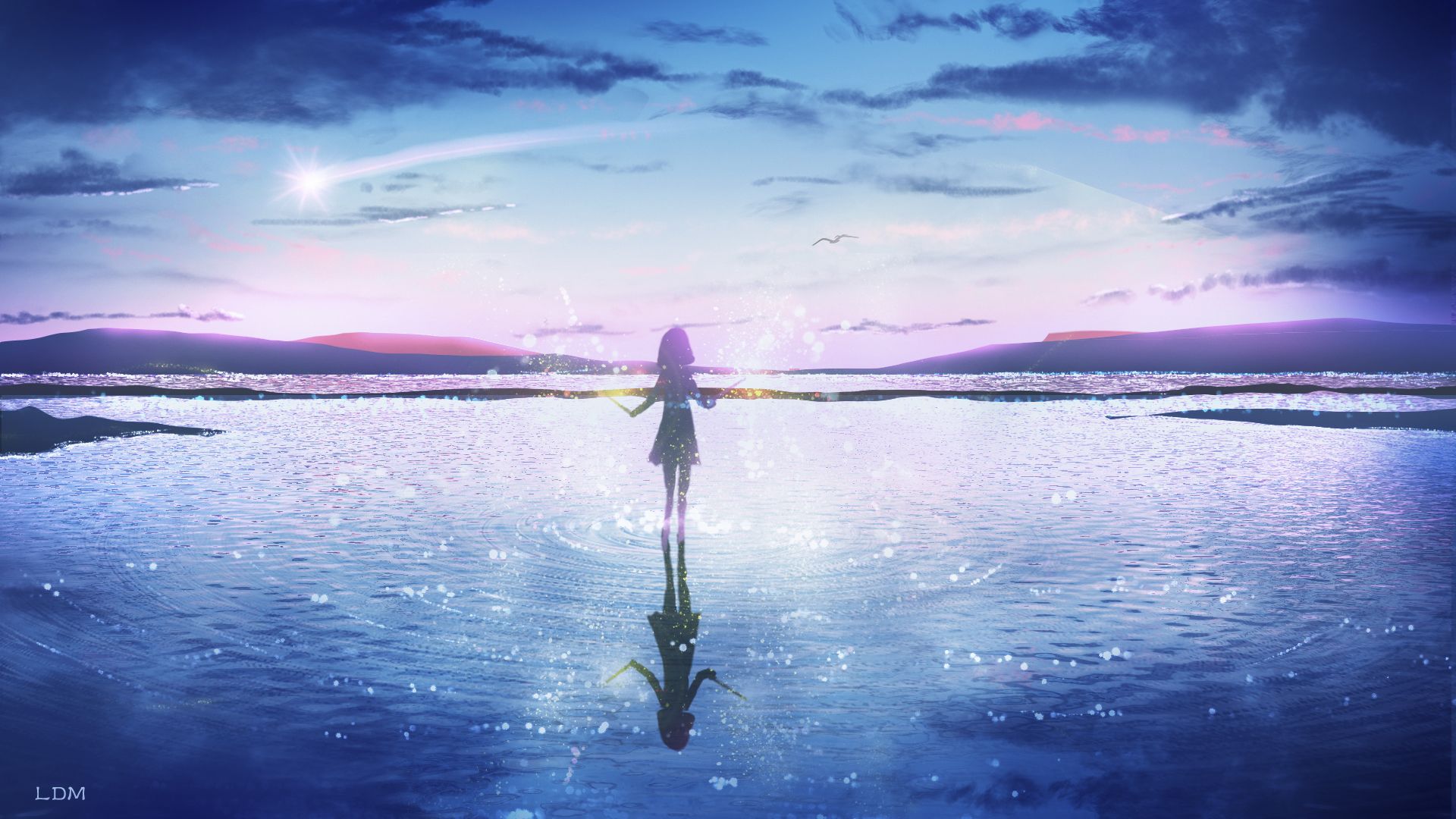 Anime-Mädchen, Spiegelung, Meer, Sternschnuppe, Dämmerung, Full HD, Breitbild-Hintergrundbild