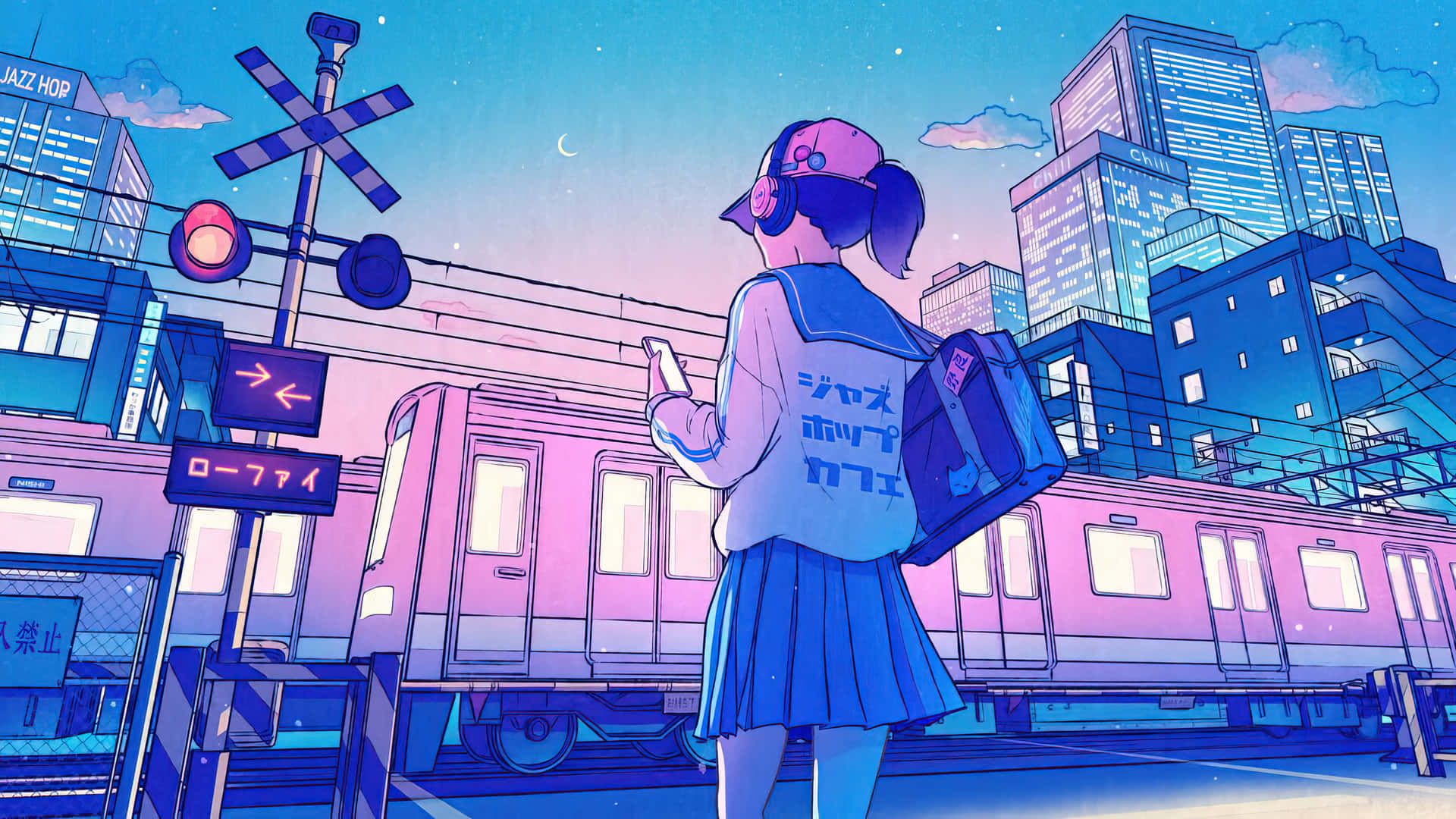 Anime-Schülerin, Schuluniform, Zug, Bahnübergang, Blauer Himmel, Full HD, Desktop-Hintergrund