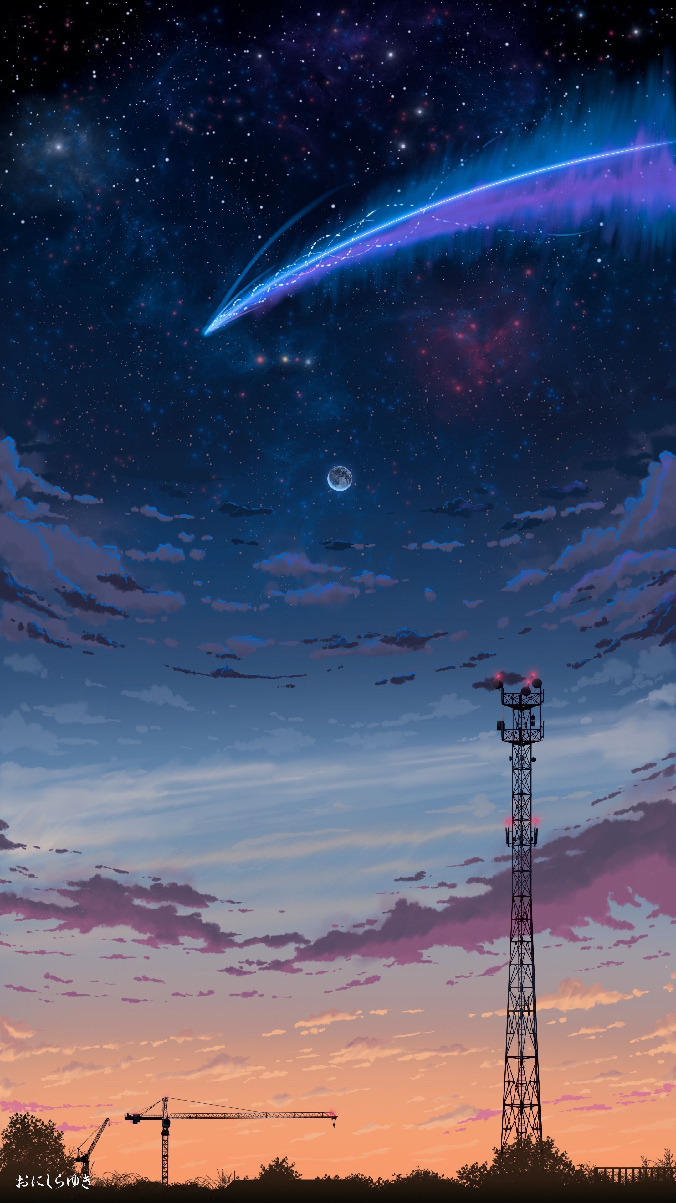 Komet, Funkturm, Sternenhimmel, Abendrot, Anime-Stil, QHD+, Sperrbildschirm fürs iPhone