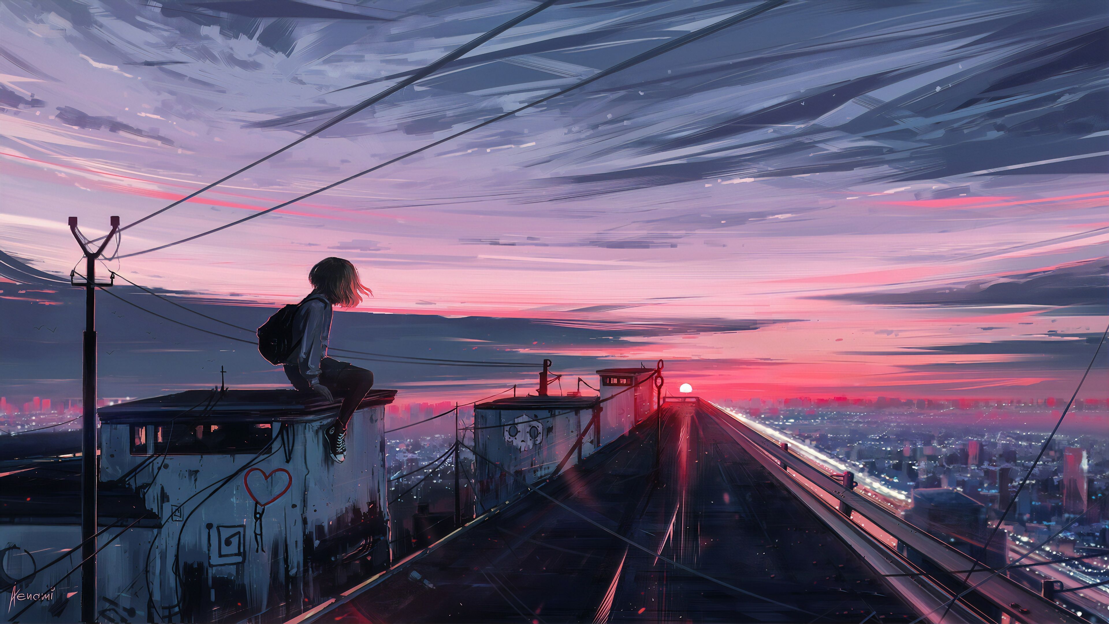 Anime-Mädchen, Dach, Sonnenuntergang, Bahngleise, Stadt, 4K, Windows-Hintergrundbild