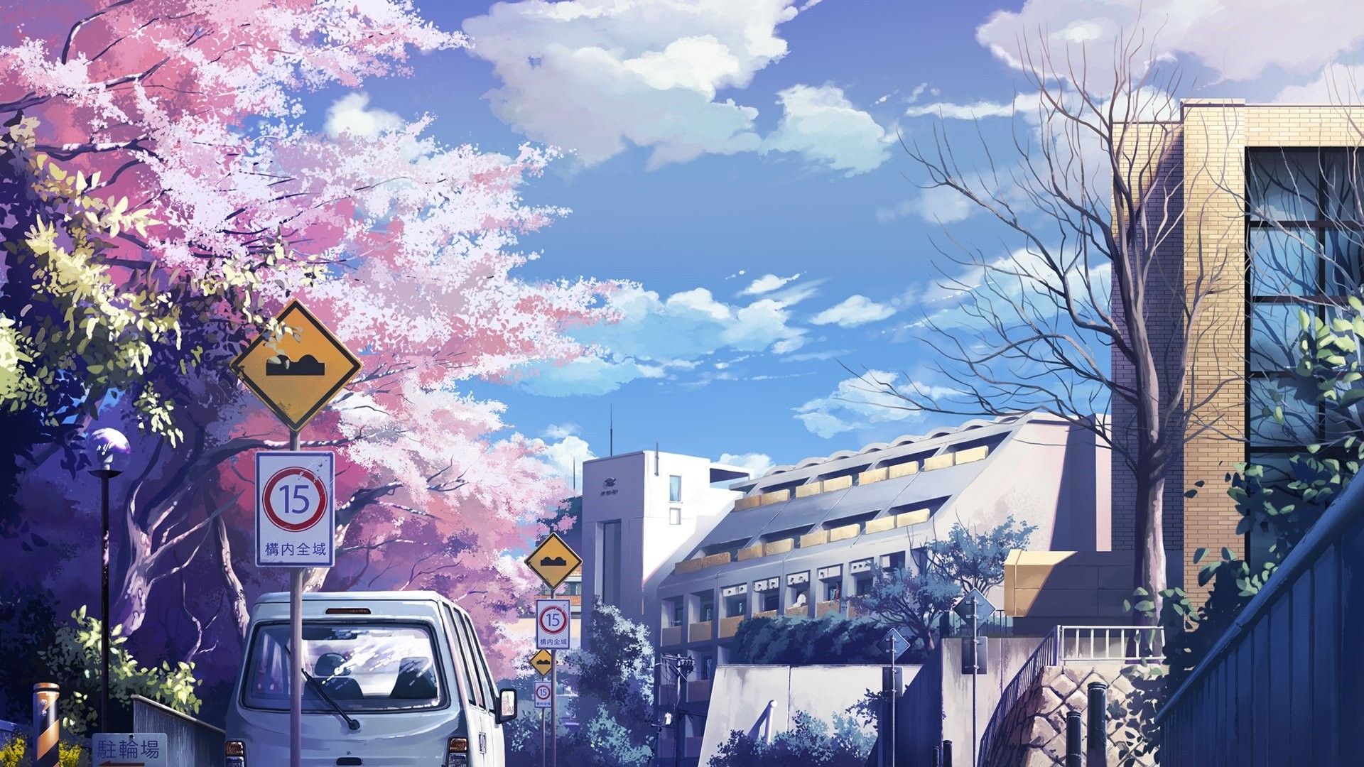 Kirschblüten, Straße, Verkehrsschilder, Anime-Stil, Frühling, Full HD, Laptop-Hintergrundbild
