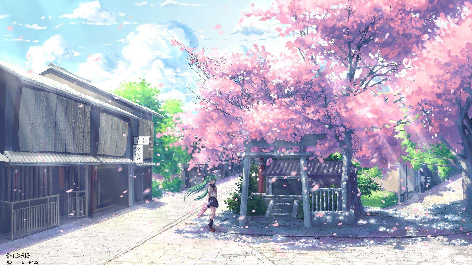 Kirschblüten, Japanische Gasse, Schrein, Sonnenlicht, Anime-Stil, 1920x1080, Desktop-Hintergrund