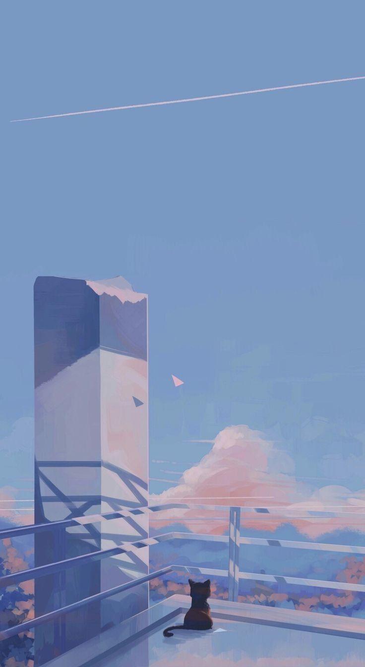 Katze, Dach, Hellblauer Himmel, Minimalistisch, Anime-Stil, HD, iPhone-Hintergrundbild
