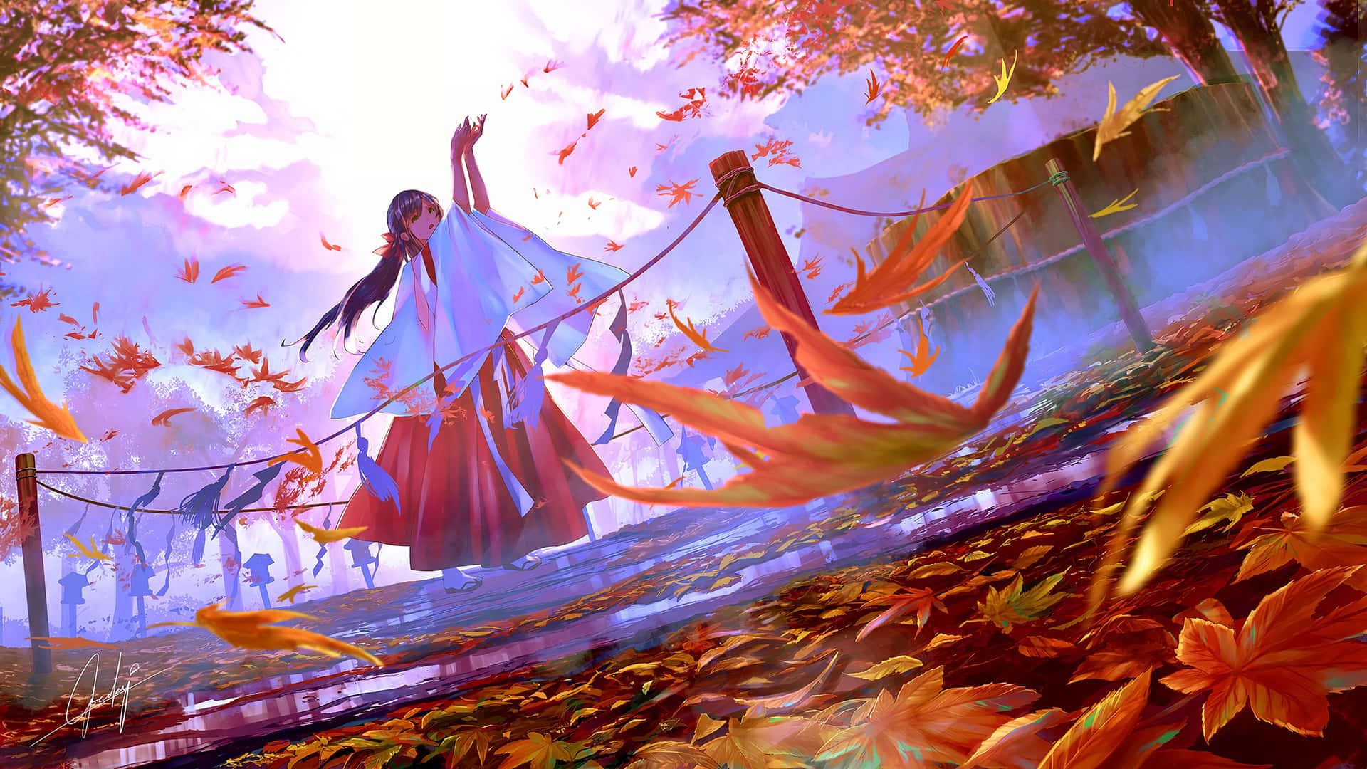 Miko, Anime-Mädchen, Herbstlaub, Wind, Orange, Full HD 1080p, Desktop-Hintergrundbild