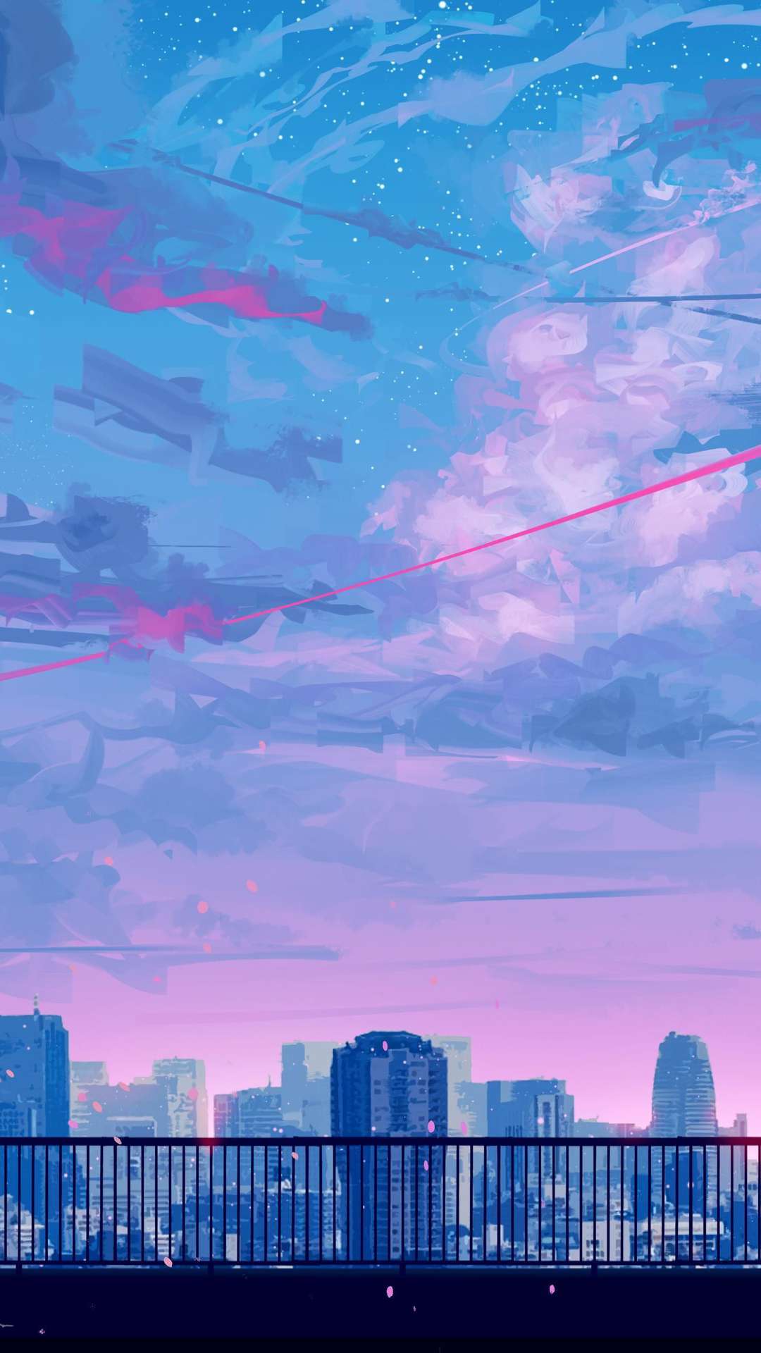 Anime-Himmel, Skyline, Rosa Wolken, Blau, Full HD, Hintergrundbild fürs Handy