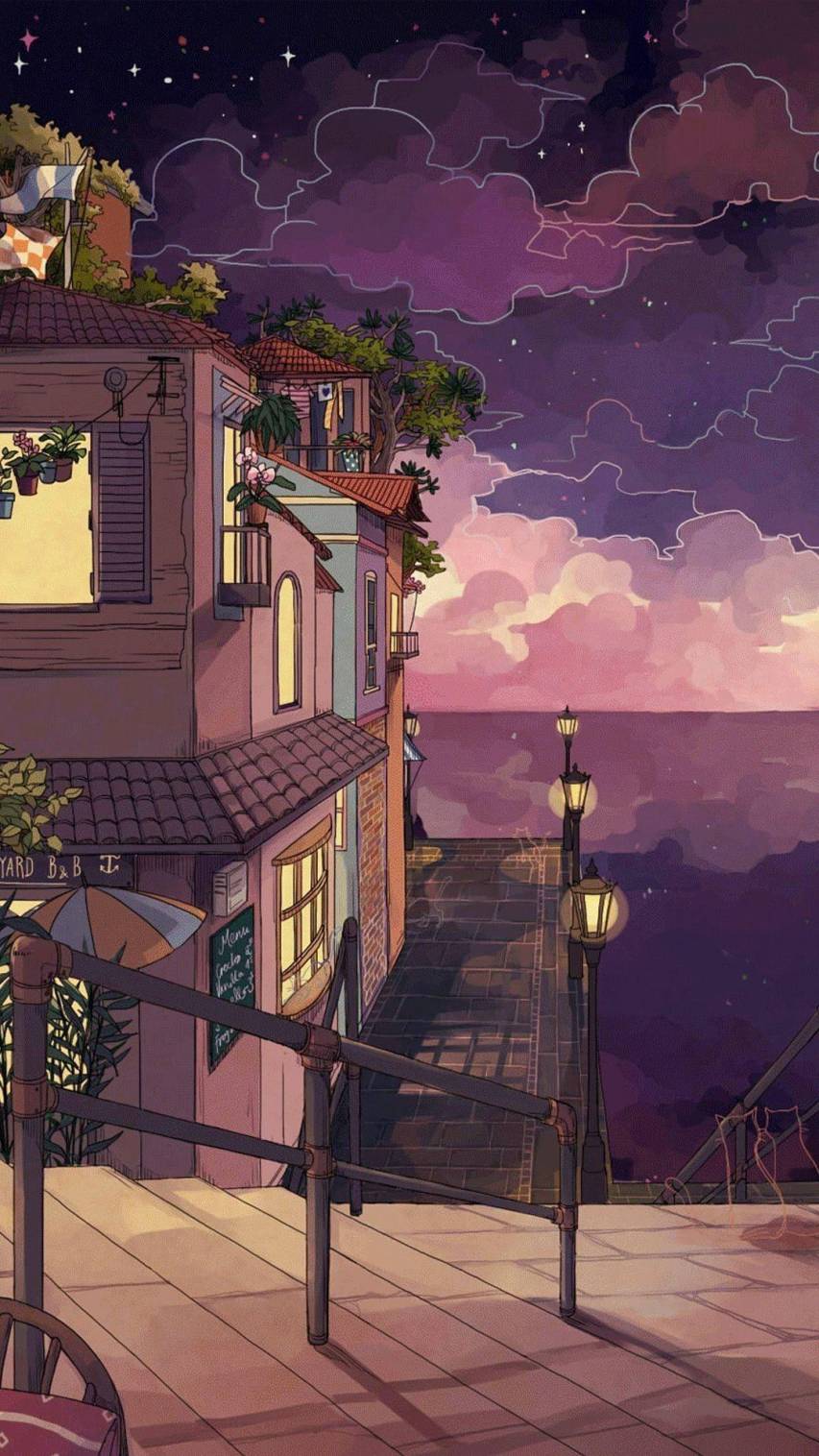 Anime-Haus, Treppe, Pflanzen, Nachthimmel, Lo-Fi, HD, Handy-Hintergrund im Hochformat