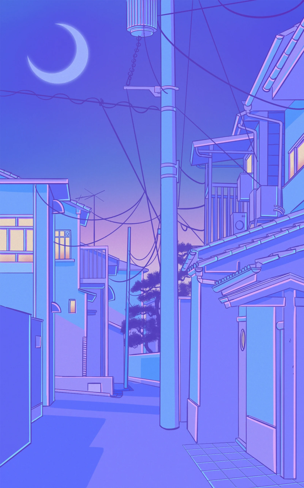Anime-Gasse, Mondsichel, Blau, Lila, Nacht, HD, Hintergrundbild fürs Handy