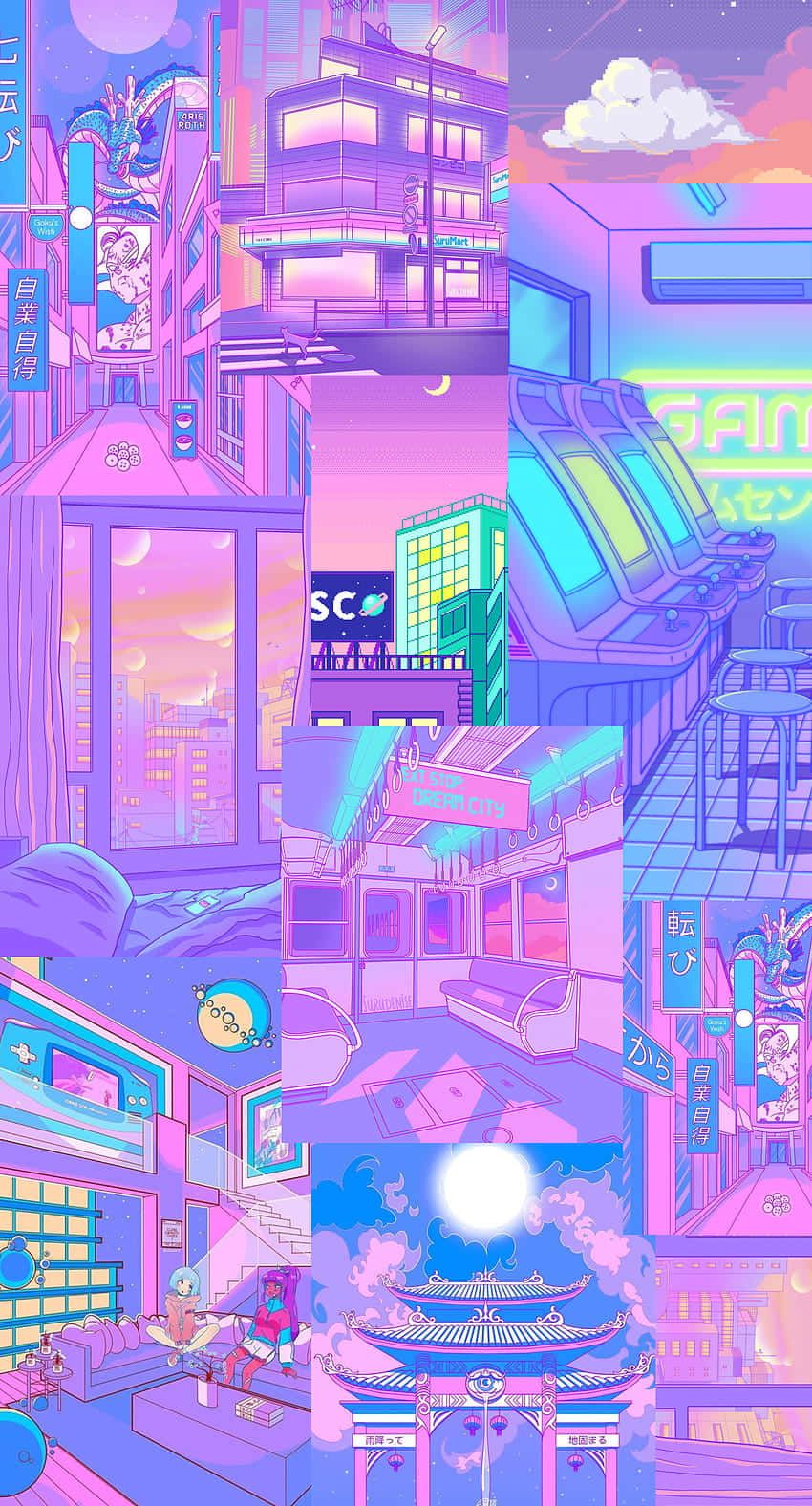 Anime-Stadt, Pastell, Lila, Bunt, Illustration, HD, Sperrbildschirm fürs iPhone