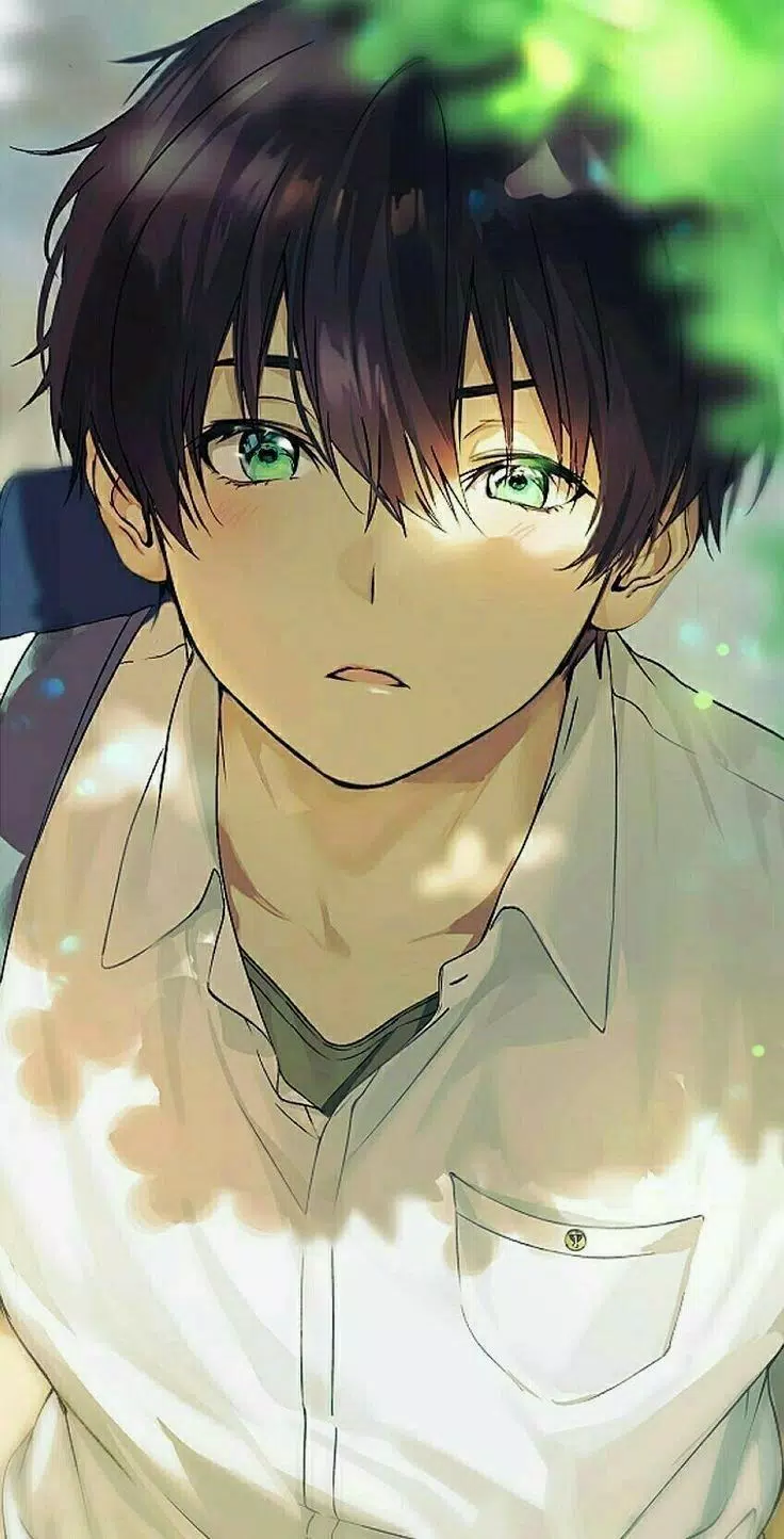 Anime-Junge, Grüne Augen, Weißes Hemd, Sonnenlicht, Porträt, Hintergrundbild fürs Handy