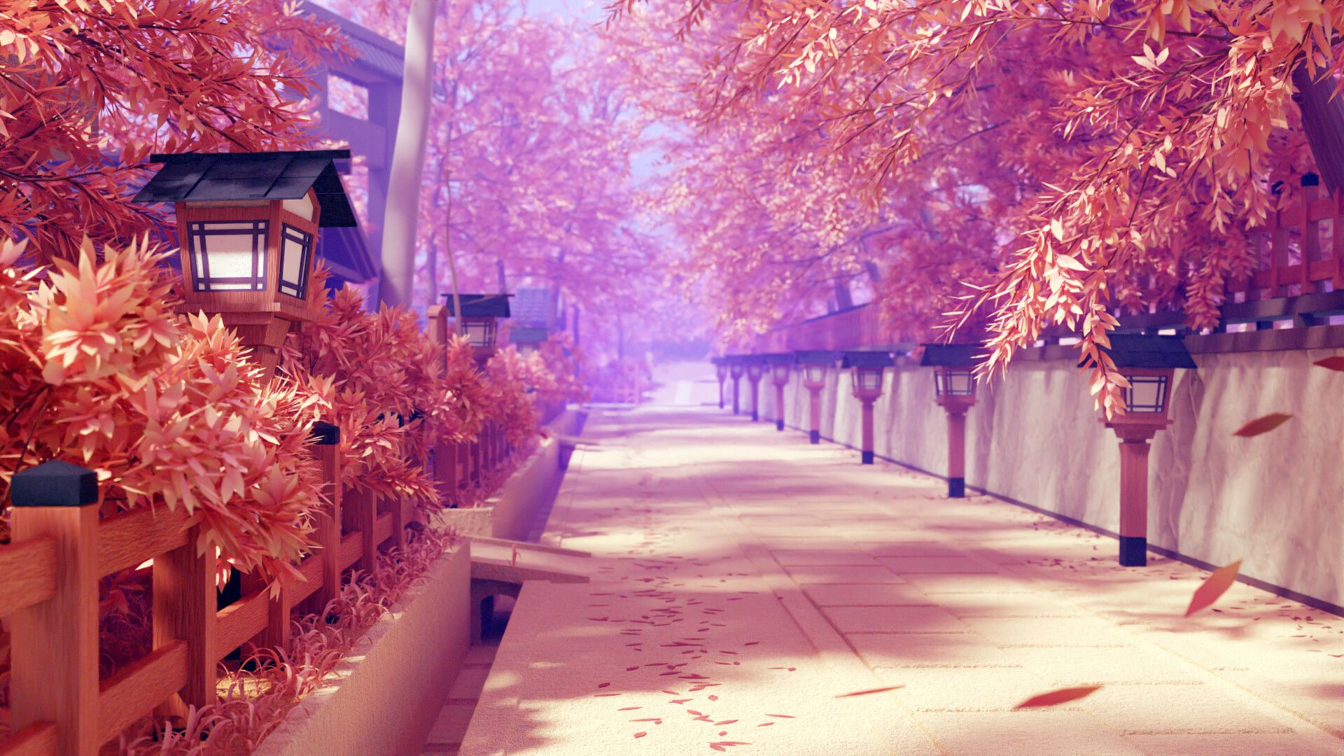 Laternen, Allee, Herbstbäume, Rosa, Anime-Landschaft, 1920x1080, Full-HD-Hintergrundbild für PC