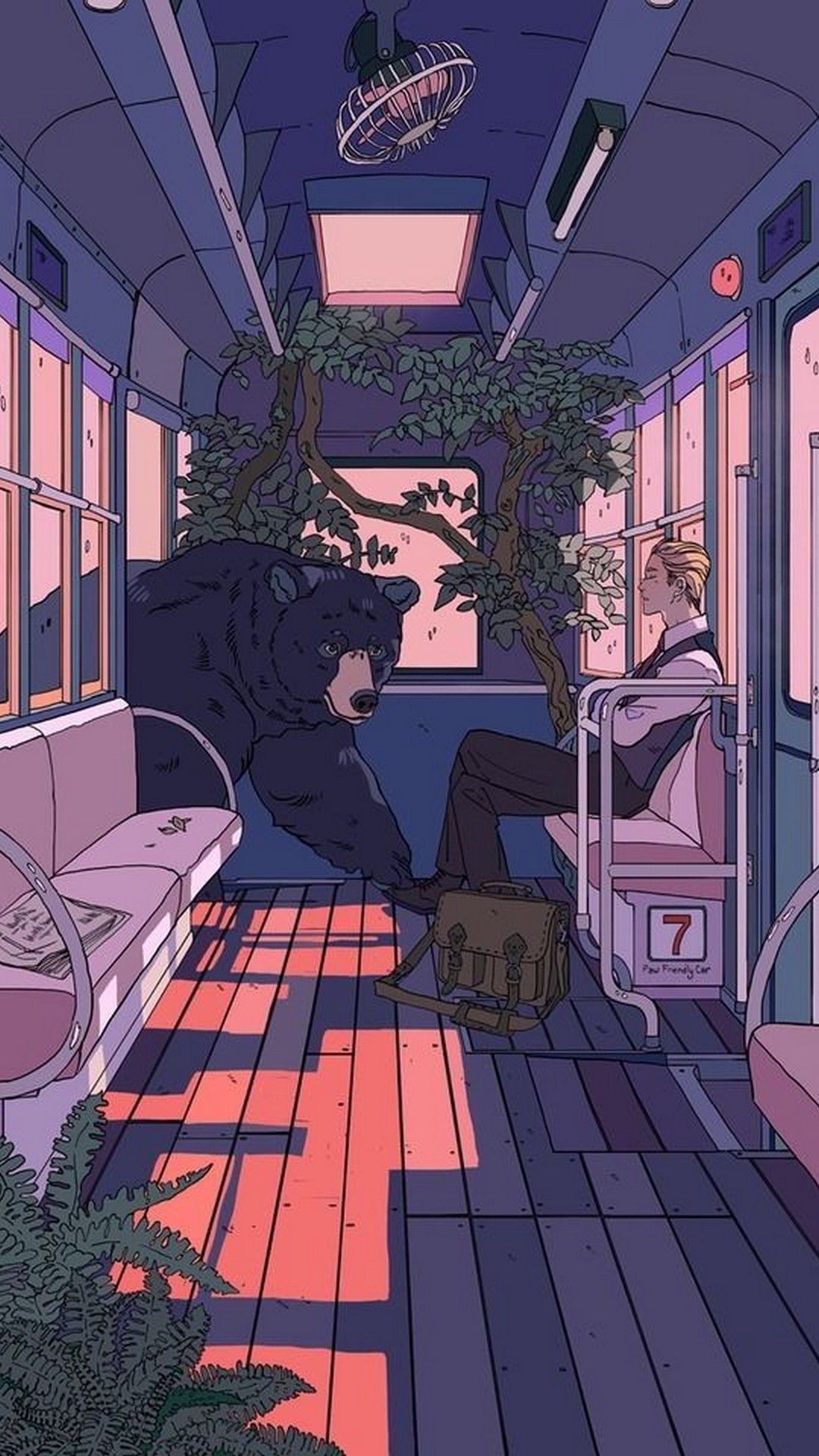 Zugabteil, Pflanzen, Lo-Fi, Anime-Stil, Sonnenlicht, Full HD, Handy-Hintergrund im Hochformat