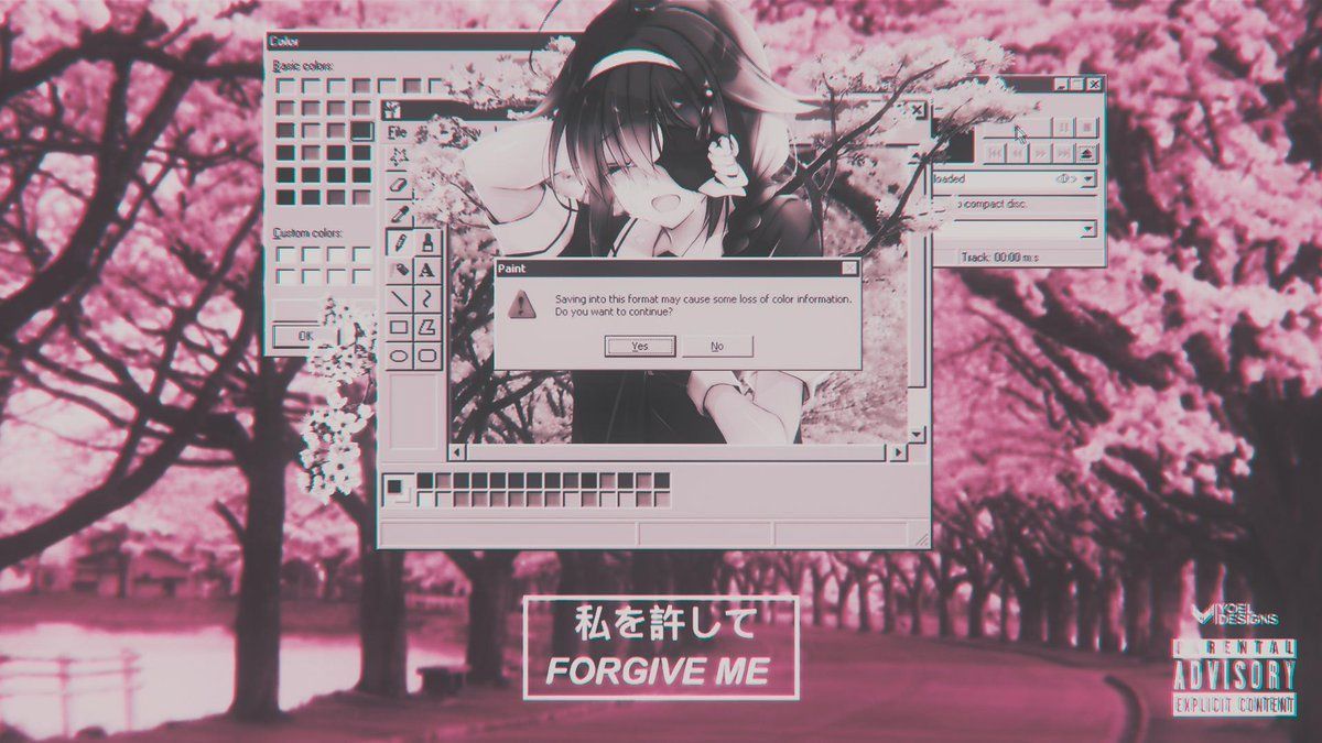 Anime-Mädchen, Forgive Me, Vaporwave, Windows-Fenster, Kirschbäume, Rosa, Hintergrundbild