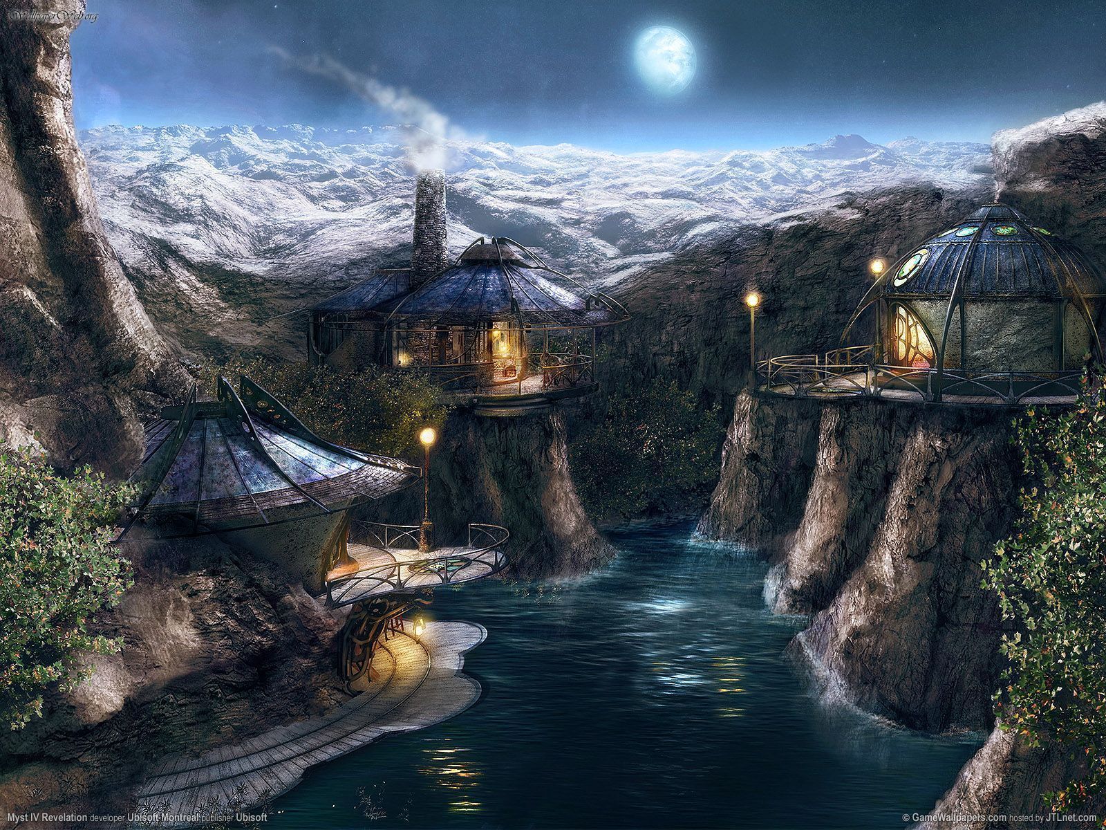 Myst, Fantasy-Welt, Schlucht, Häuser, Nacht, Mond, Schnee, HD, iPad-Hintergrundbild