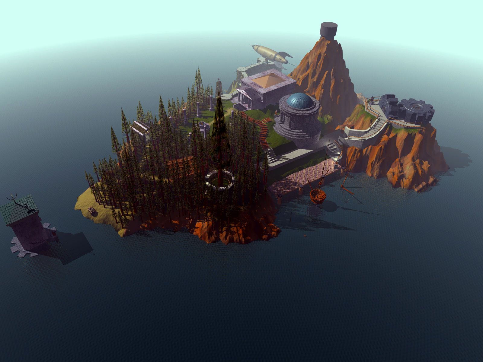 Myst, Myst-Insel, Schwebende Insel, Luftaufnahme, Videospiel, Hintergrundbild fürs Tablet