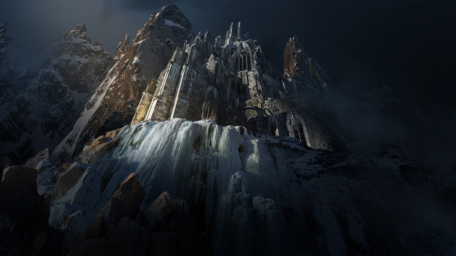Myst, Berge, Felsen, Wasserfall, Dunkel, Fantasy-Landschaft, HD, Desktop-Hintergrund