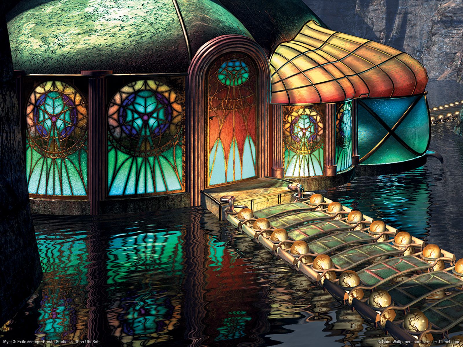Myst, Buntglasfenster, Kuppel, Steg, Laternen, Wasser, HD, Hintergrundbild fürs Tablet