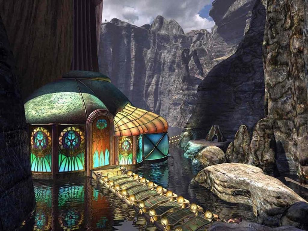 Myst, Buntglasfenster, Kuppel, Steg, Felsen, Schlucht, Hintergrundbild für iPad und Tablet