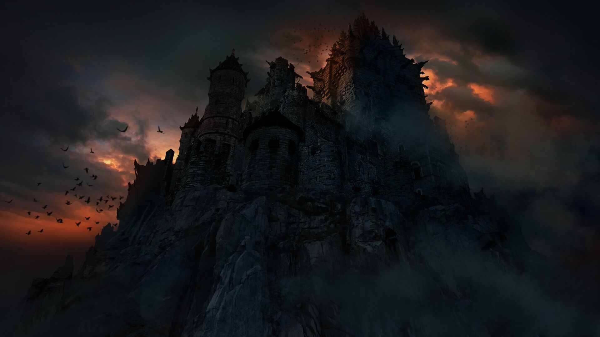 Myst, Festung, Felsen, Dunkler Himmel, Vögel, Düster, 1920x1080, Full-HD-Hintergrundbild für PC