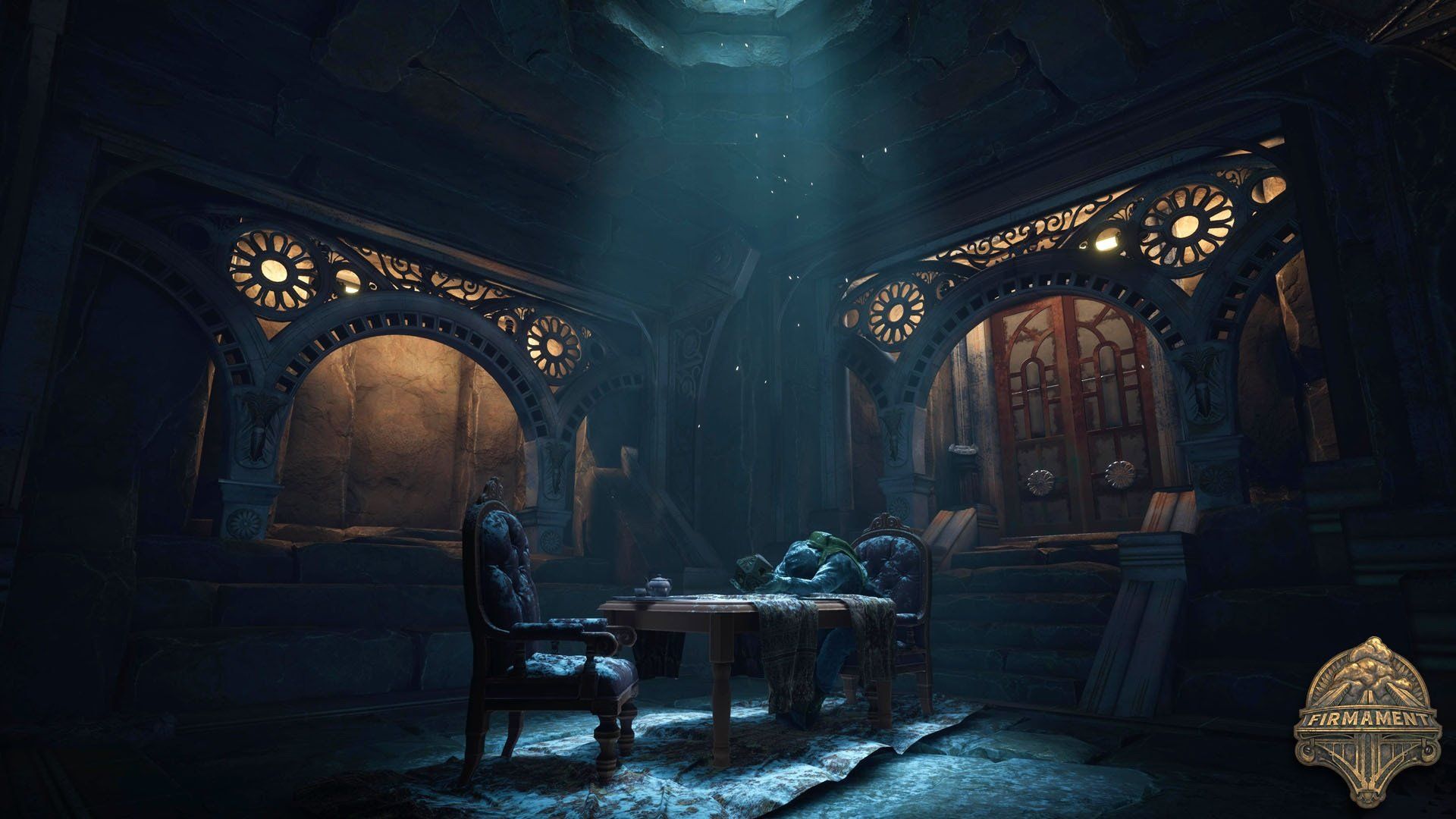 Myst, Gewölbe, Bibliothek, Lichtstrahl, Blau, Dunkel, Full HD, Desktop-Hintergrund für Windows