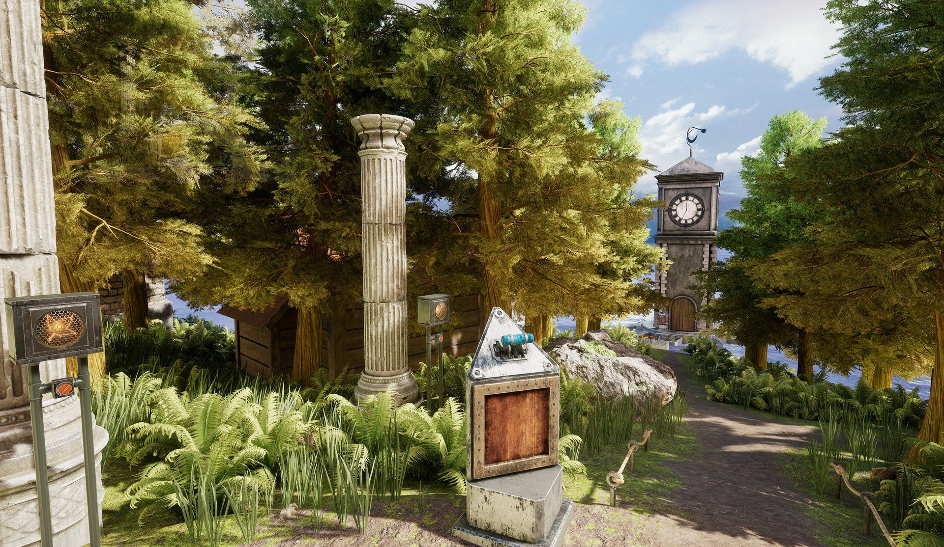 Myst, Myst-Insel, Säule, Uhrturm, Wald, Garten, Full HD, Desktop-Hintergrund für Windows