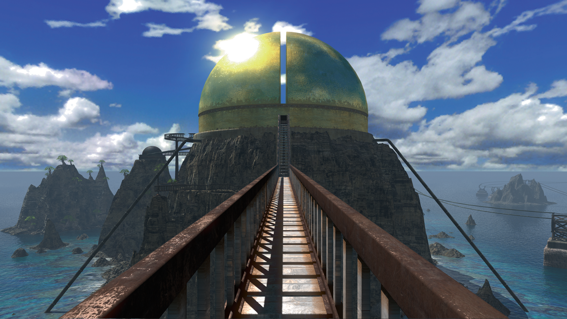 Riven, Myst, Goldene Kuppel, Brücke, Meer, Sonne, 16:9, Full-HD-Hintergrundbild für den Desktop