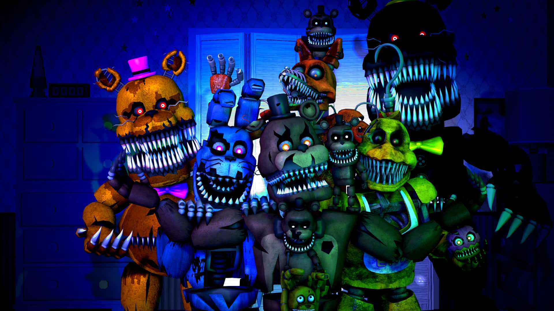 Five Nights at Freddy's 4, Nightmare-Animatronics, Nightmare Freddy, Nightmare Bonnie, Gruppenbild, Blaues Licht, Full-HD-Hintergrundbild