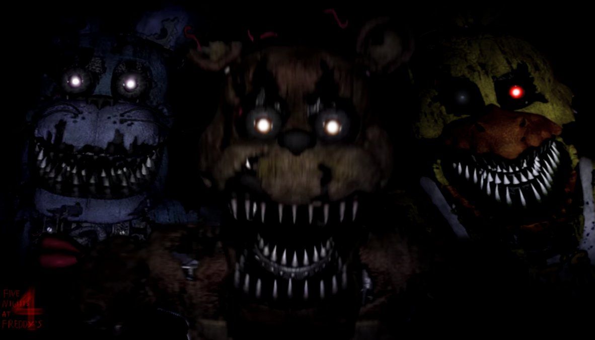 Five Nights at Freddy's 4, Nightmare Freddy, Leuchtende Augen, Dunkelheit, Horror, Hintergrundbild