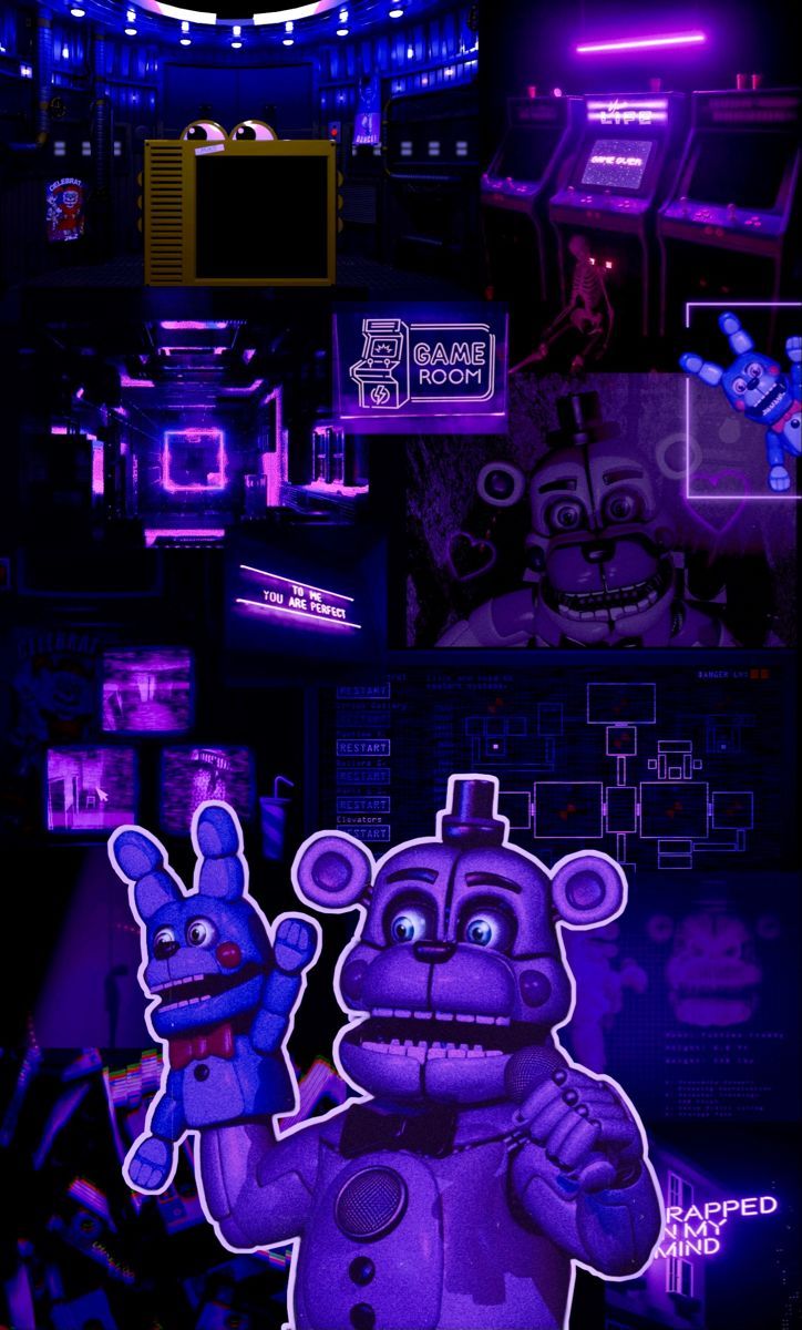 Five Nights at Freddy's, Animatronic, Pixel-Art, Lila Neon, Hochformat, Hintergrundbild fürs Handy