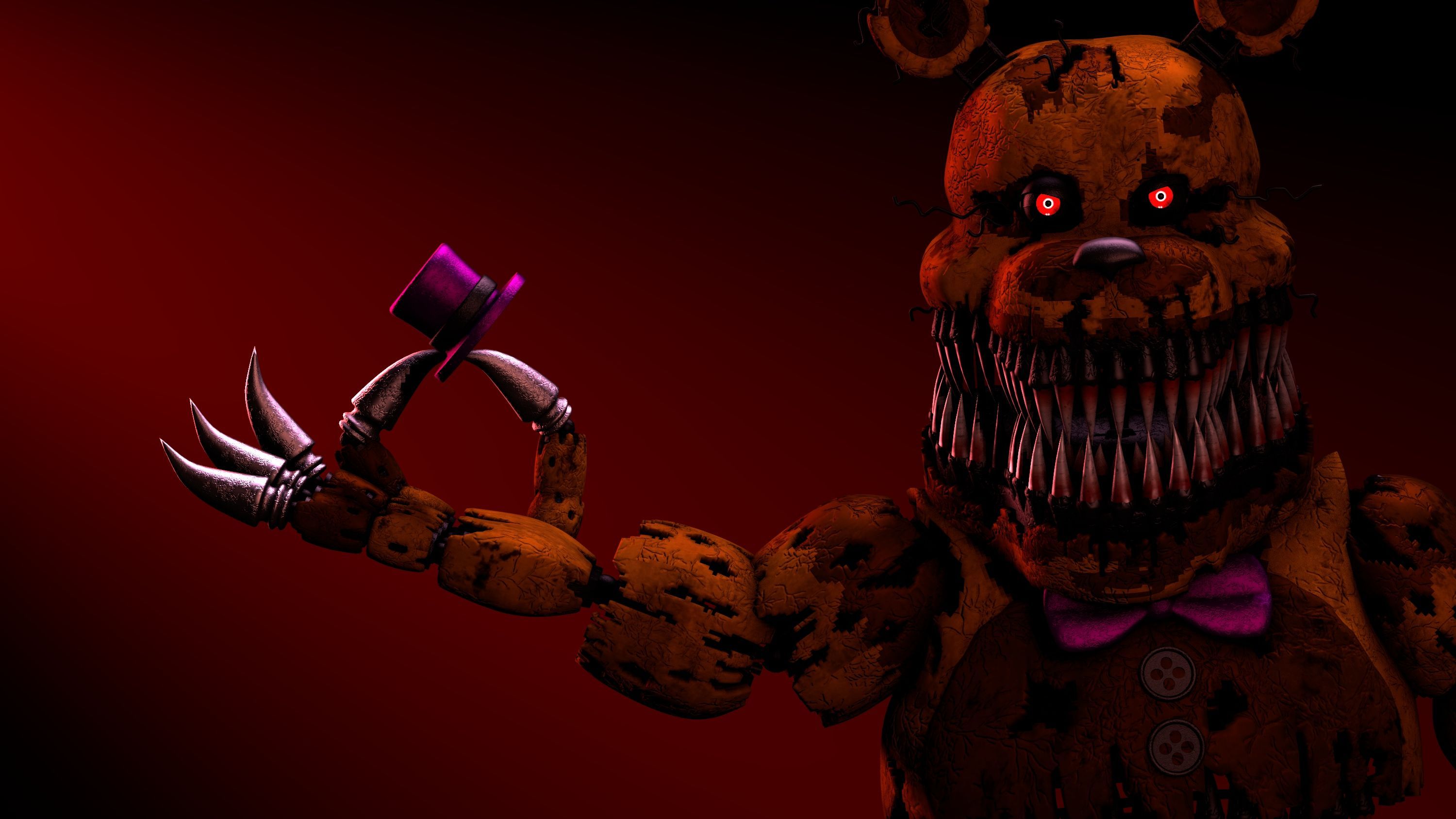 Nightmare Fredbear, Five Nights at Freddy's 4, Krallen, Roter Hintergrund, 3D-Render, 2K Wallpaper