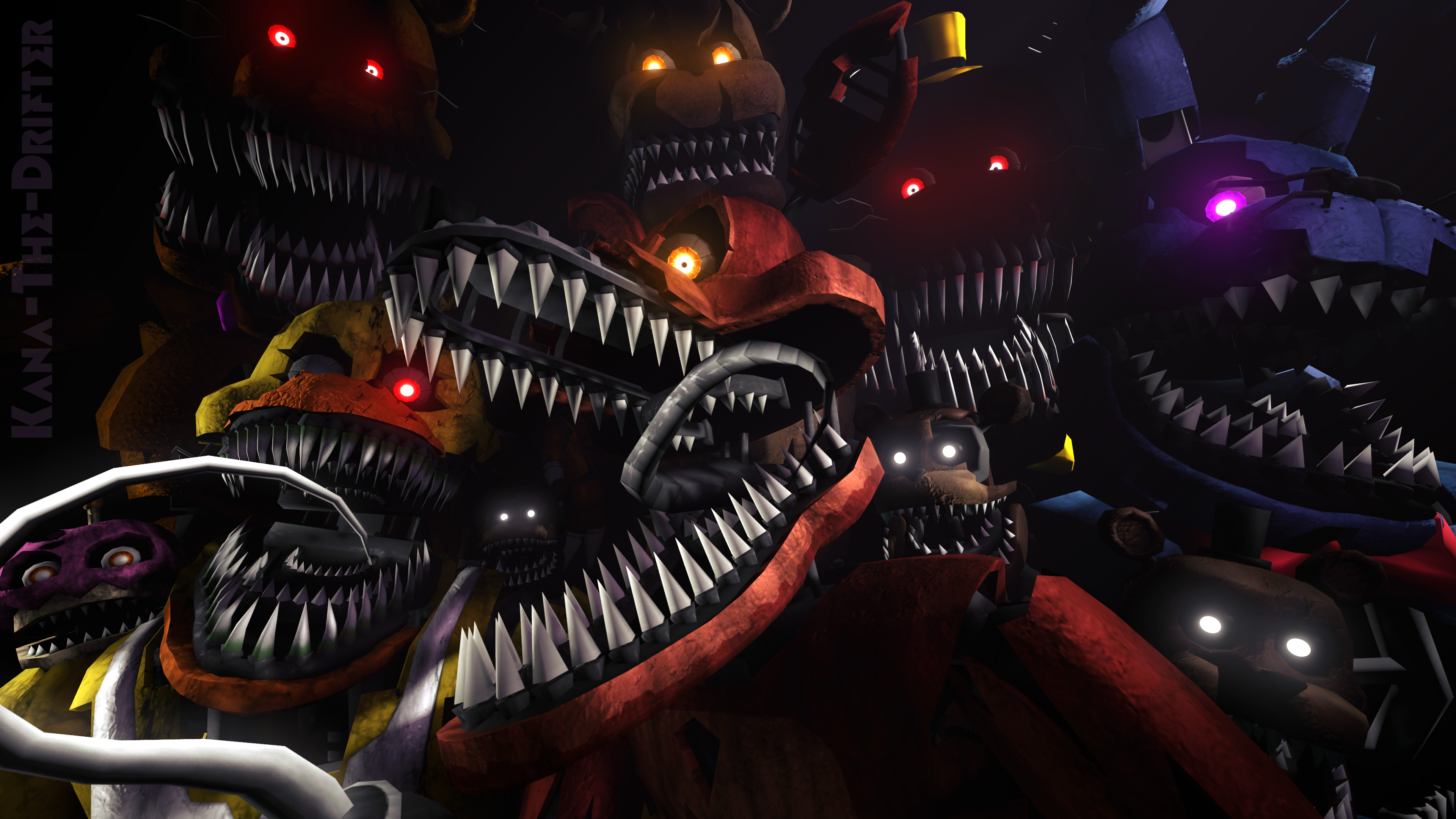 Five Nights at Freddy's 4, Nightmare-Animatronics, Scharfe Zähne, Dunkel, Gruppenbild, Ultra-HD-Hintergrundbild