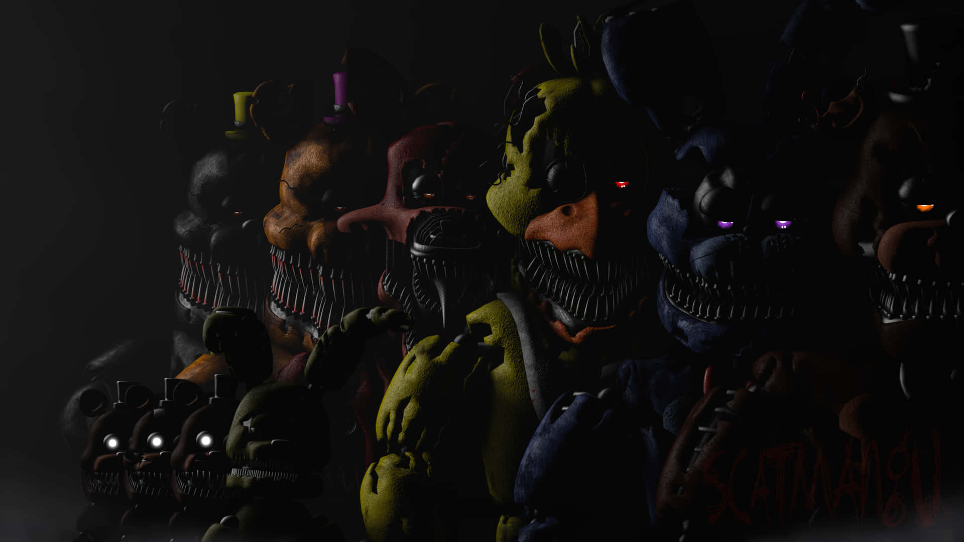 Five Nights at Freddy's 4, Nightmare-Animatronics, Dunkelheit, Leuchtende Augen, Horror, 1080p Wallpaper