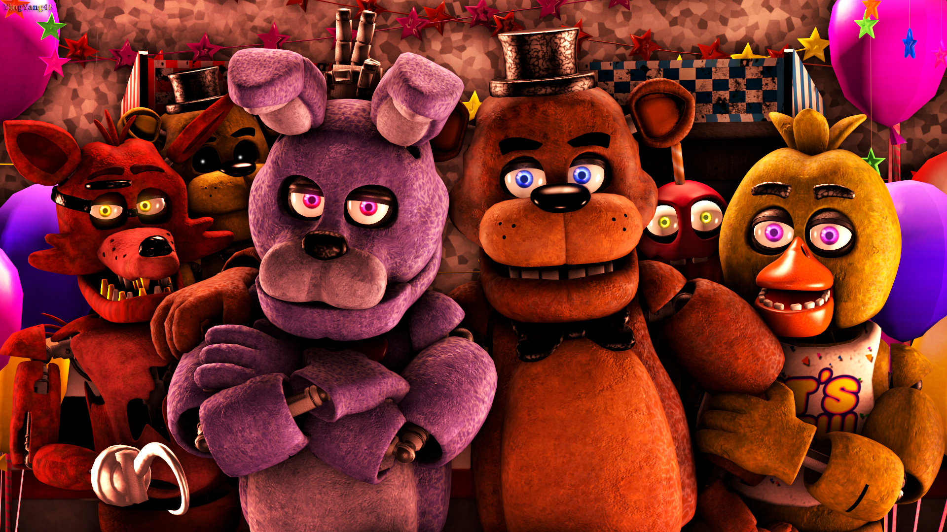 Five Nights at Freddy's, Freddy Fazbear, Bonnie, Chica, Foxy, Party, Luftballons, Full-HD-Hintergrund