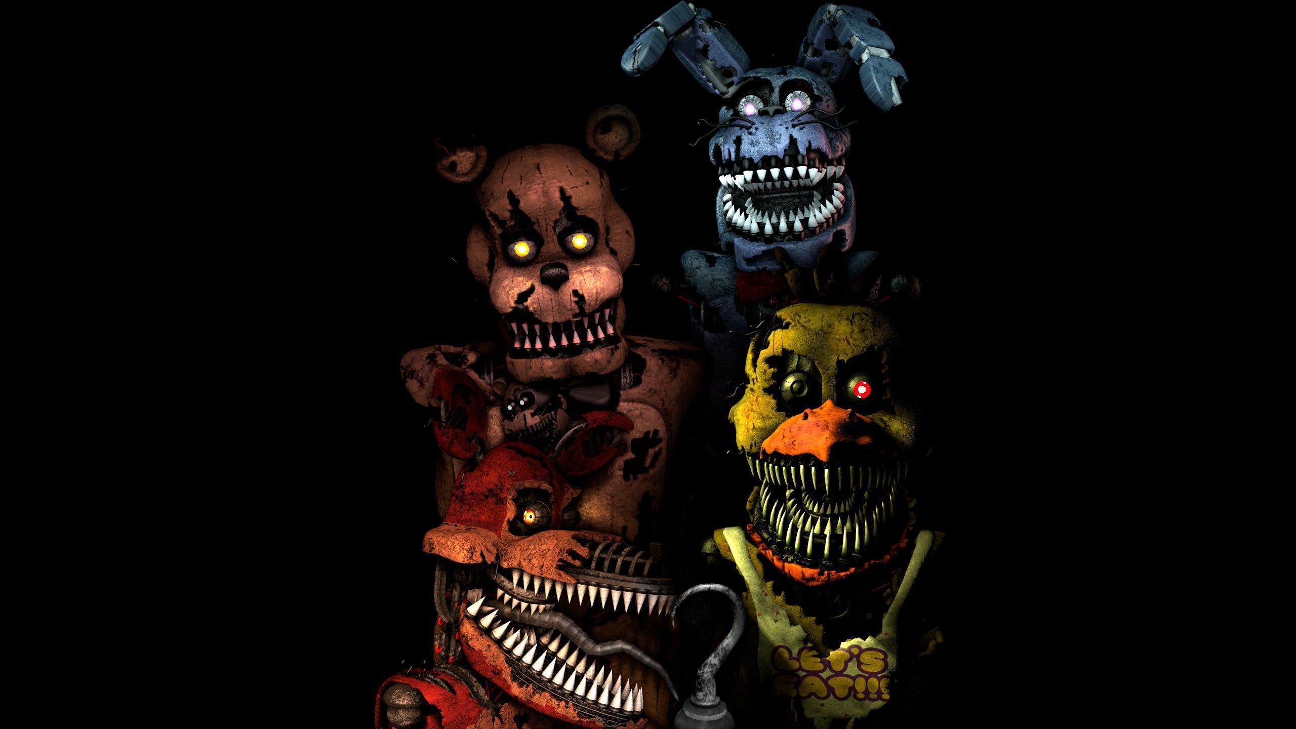 Five Nights at Freddy's 4, Nightmare Freddy, Nightmare Bonnie, Nightmare Chica, Schwarzer Hintergrund, 1440p Wallpaper