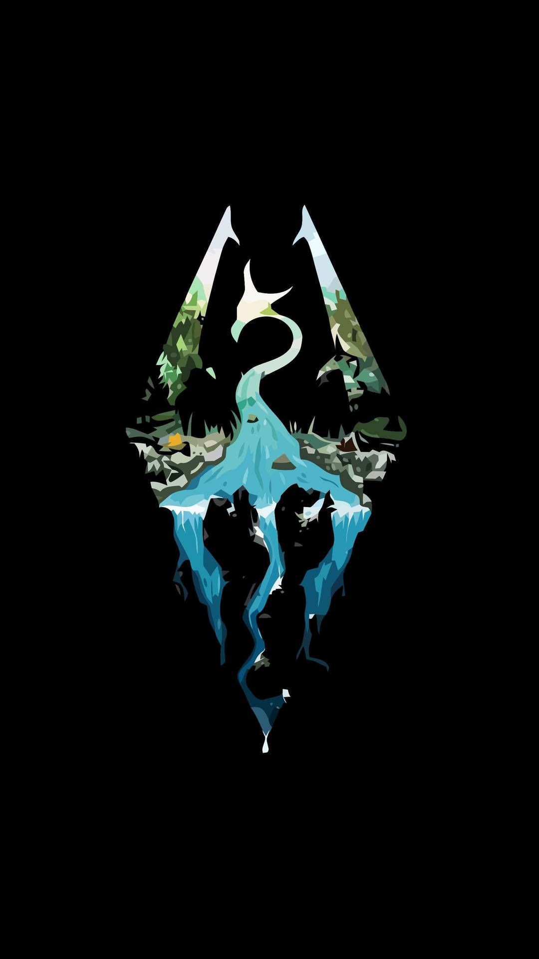 The Elder Scrolls V: Skyrim, Skyrim-Logo, Drachensymbol, Schwarzer Hintergrund, Türkis, Sperrbildschirm