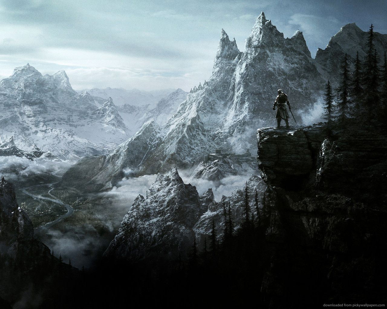 Skyrim, Berglandschaft, Schneegipfel, Abenteurer, Nebel, HD, Desktop-Hintergrund